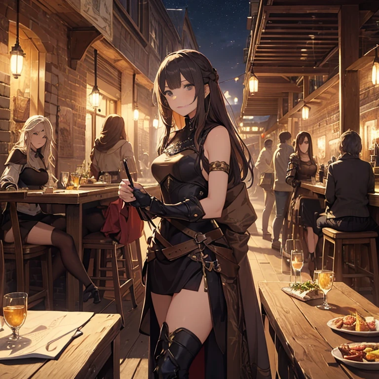 A group of  female medieval fantasy adventurers, (in tavern), various hair styles, harem, night, details face, short skirt, seducing, sleeveless, armor 