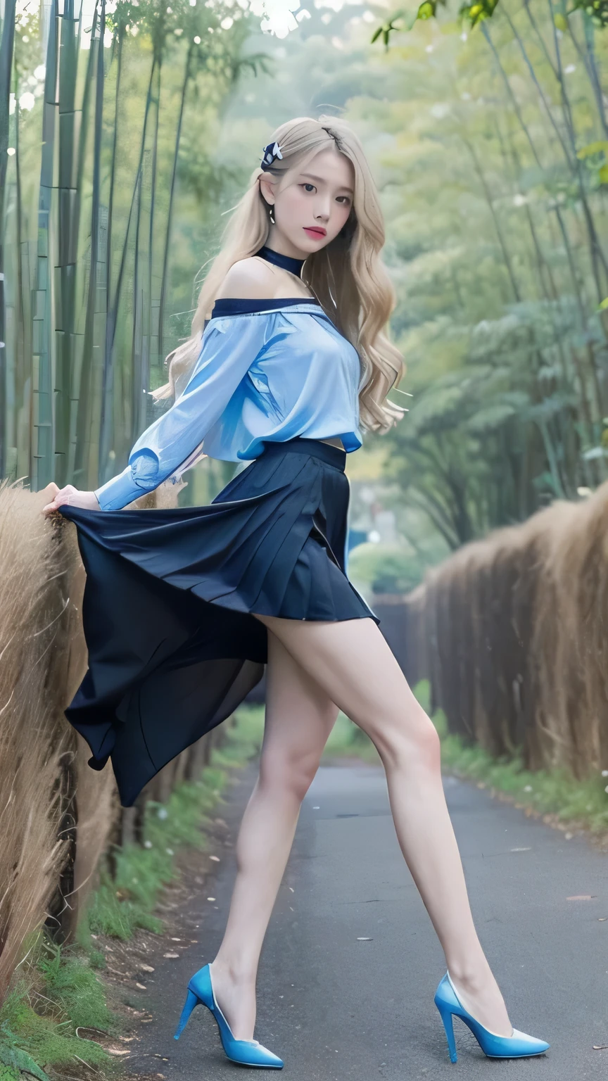 1 female々,（standing position:2.0）, （nine-headed body:2.0）, （long and thin legs: 2.0）,（Legs outstretched：2.0）,（Height 2/3 is the foot:2.0）,white glossy skin, 25 years old, A small, elegant face, red lips, parted lips, ( Hair parted to one side:1.5), blue eyes, smile, Elegant young woman, long blonde shiny hair, choker,（Blue silk blouse :1.3)（Blue silk pleated skirt :1.3), (pumps:1.2),  natural wavy hair, almond eye,slender body shape, tight waist, small ass, , beautiful hands, thin shoulders, See here, Bamboo forest at daytime