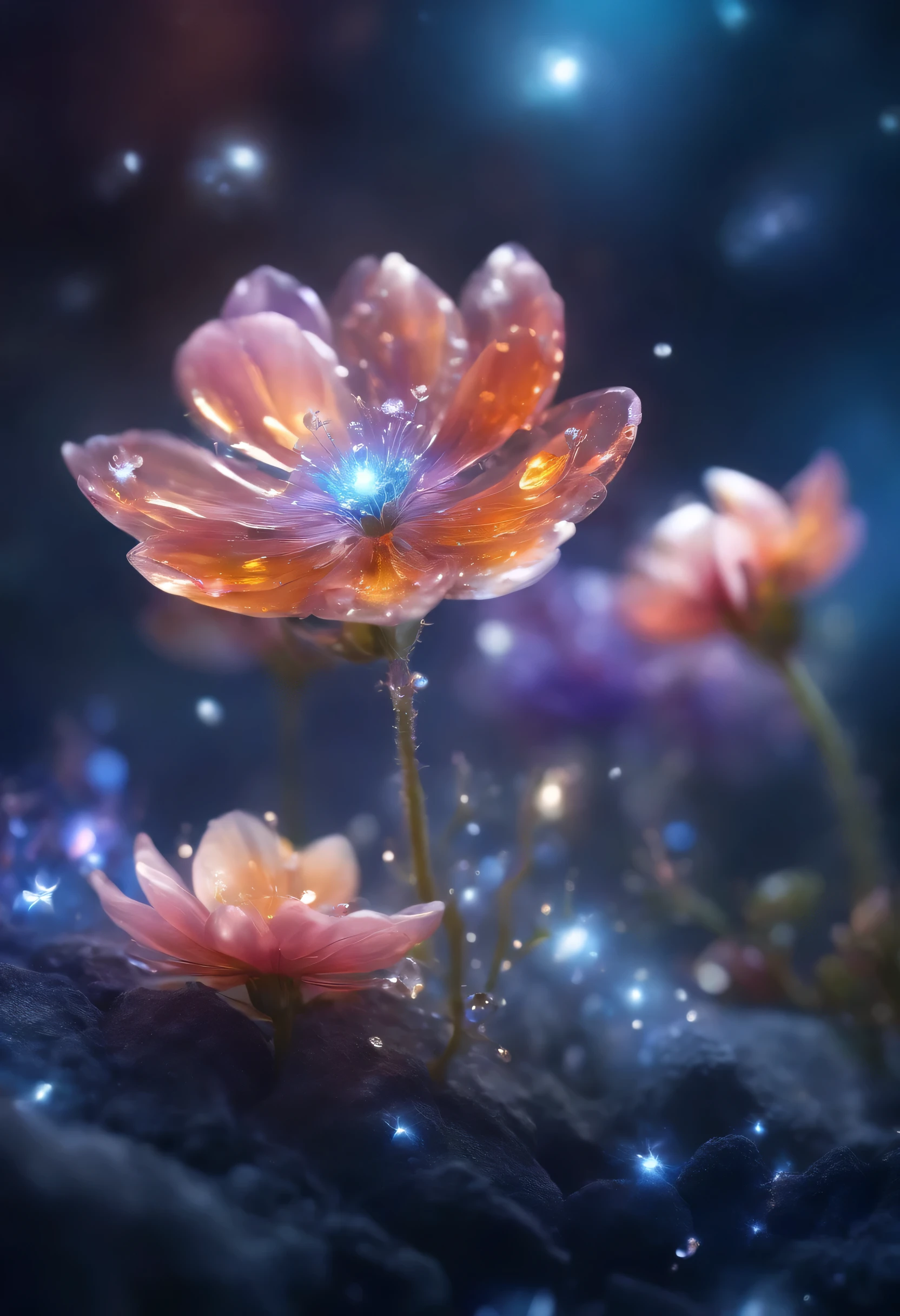 Crystal Spring Flowers, fantasy, galaxy, transparent, Glittering, Glittering, outstanding, colorful, amazing photography, dramatic lighting, photorealism, super detailed, 4K, depth of field, High resolution