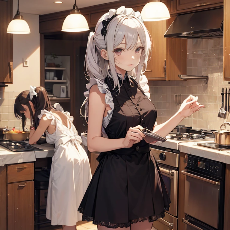A group of  maids, (in kitchen), various hair styles, harem, wearing maid clothes, night, details face, short skirt, seducing, sleeveless 