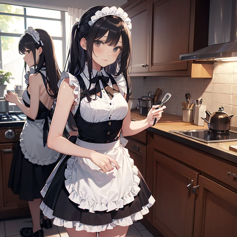 A group of maids, (in kitchen), various hair styles, harem, wearing maid clothes, night, details face, short skirt, seducing, sleeveless