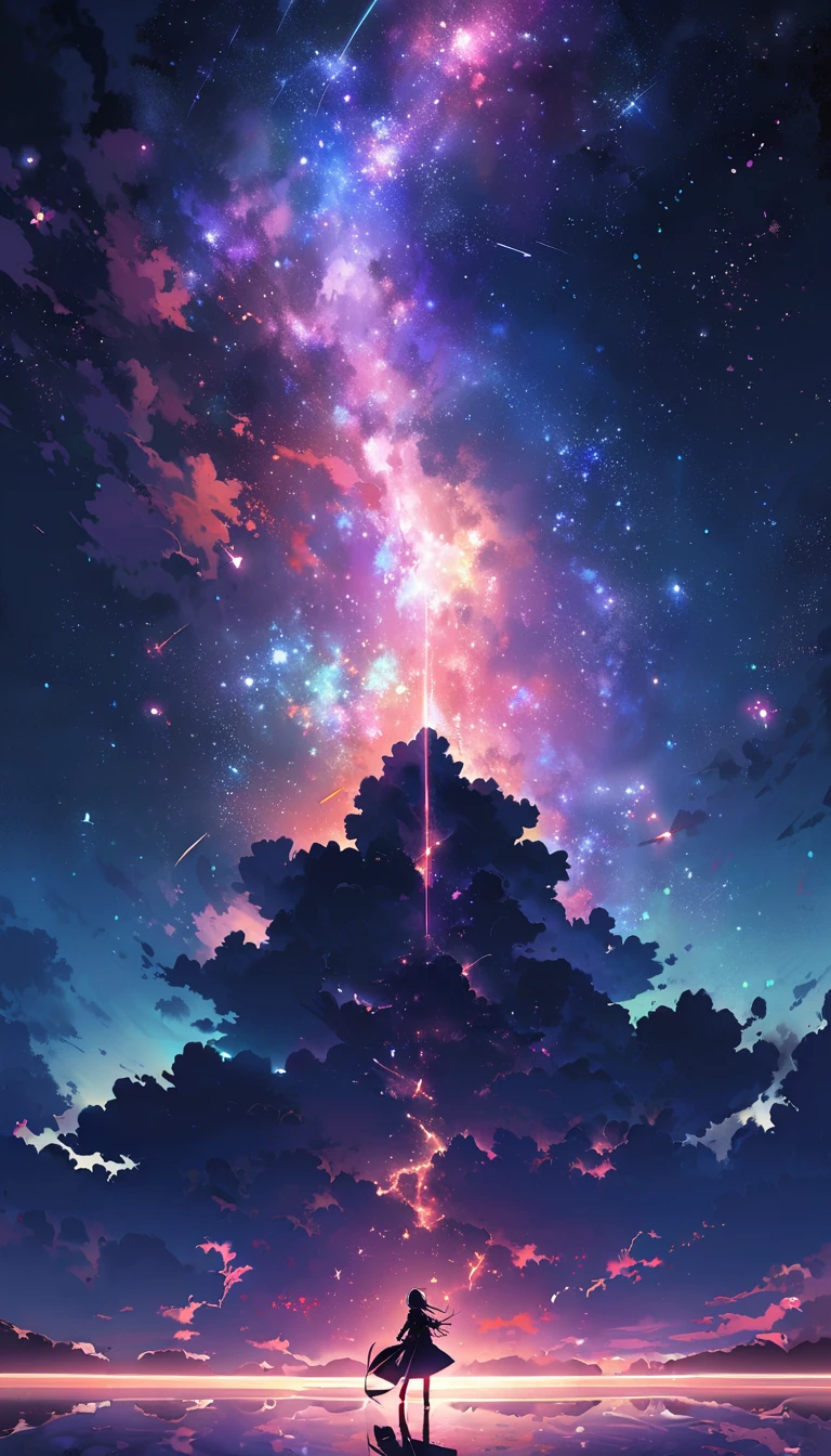 ((best quality)), ((master piece)), ((ultra wide angle)),night,Women、,standing on the salt lake,The water surface is like a mirror,Reflecting the sky。look at the sky,The Milky Way is in the sky,cherry blossoms,cherry blossoms並木,ピンクのcherry blossoms