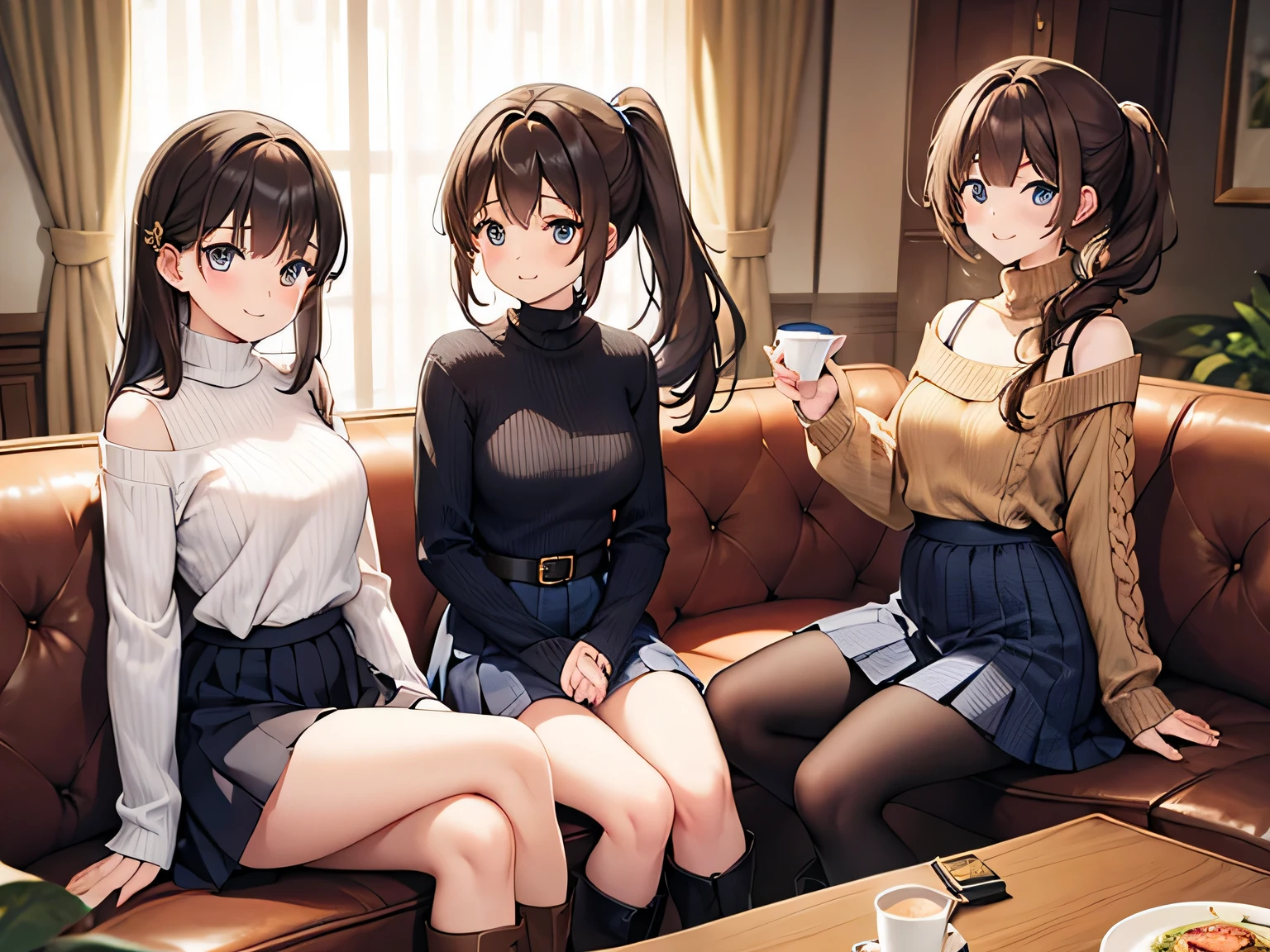 (Masterpiece, top quality, high resolution, realistic photo, realistic looking skin:1.1),
(Three women are having tea in a cafe:1.5),
(All three have smiling faces:1.5),
(The first is wearing a turtleneck long-sleeved knit, a denim miniskirt, long brown boots, and short brown hair:1.8),
(The second wears a V-neck long-sleeved knit, a navy blue pleated skirt, long black boots, and long brown hair:1.8),
(The third is wearing an off-the-shoulder long-sleeved knit, a checked mini-skirt, long brown boots, and a medium ponytail with brown hair:1.8),
(The location is sitting on a chair in a fashionable cafe:1.5),
1 Japanese girl, solo, full bodied esbian, beautiful eyes, glowing eyes, glowing thighs, NSFW