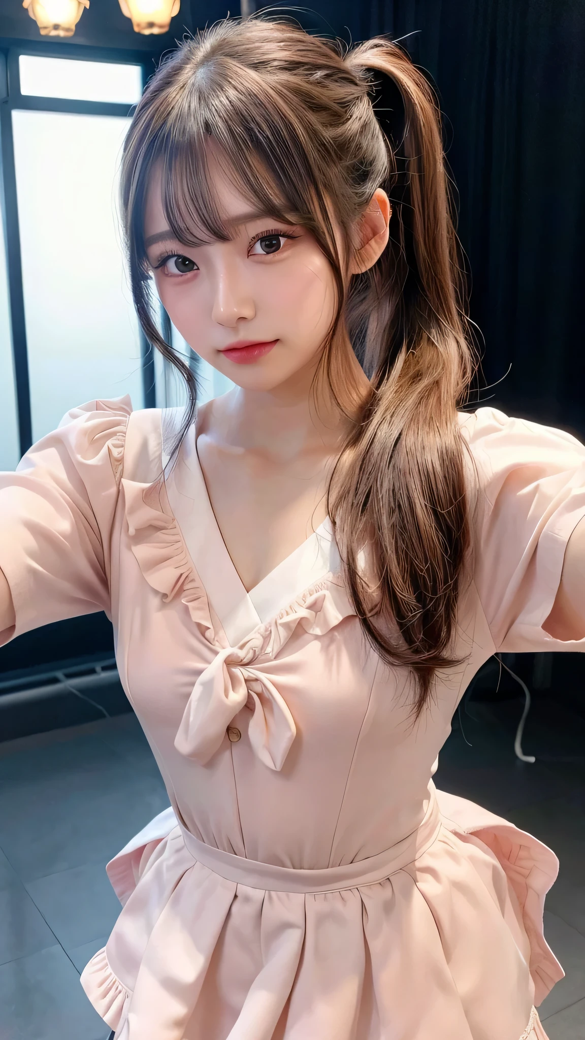 close up of face,blush,face forward,close up of face,small breasts,,long hair ponytail,concert,on stage,((8K, Raw photo, best quality, muste piece:1.2), (Reality, photorealistic:1.4), (Highly detailed 8K wallpaper), Depth of the bounds written, cinematic lighting, soft light, detailed beauty eye,Shiny and smooth light brown ponytail, asymmetrical bangs, shiny skin, super detailed skin ,high resolution, high detail, detailed hairstyle, detailed beauty face, hyper real, perfect limbs, perfect anatomy ,1 Japanese girl,famous japanese idol, perfect female body,shy smile,short eyelashes,double-edged eyelids,look straight here,Hair style is ponytail、She is wearing a skirt with lots of frills,pose is random,Pink frilly dress,close up of face