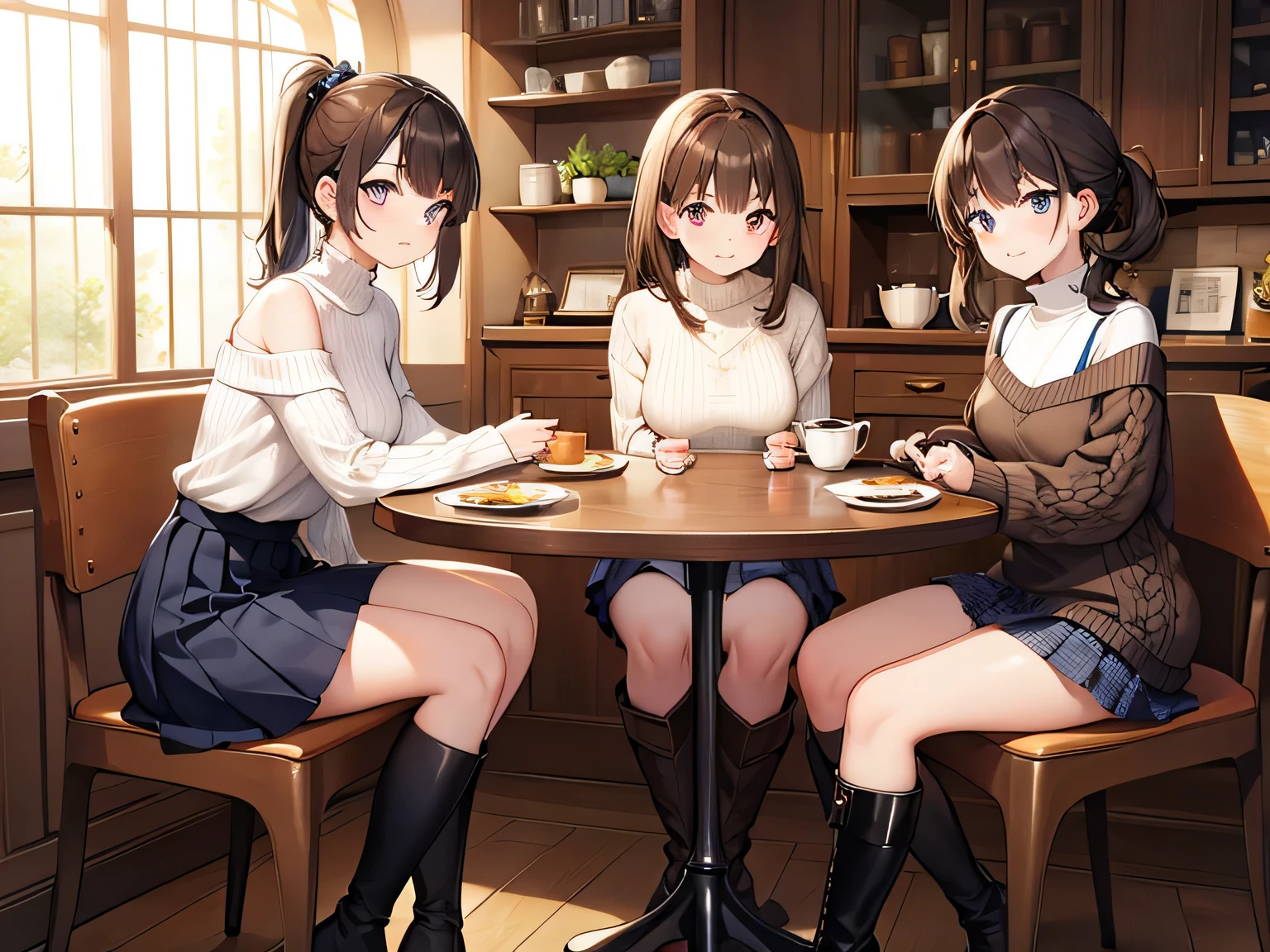 (Masterpiece, top quality, high resolution, realistic photo, realistic looking skin:1.1),
(Three women are having tea in a cafe:1.5),
(All three have smiling faces:1.5),
(The first is wearing a turtleneck long-sleeved knit, a denim miniskirt, long brown boots, and short brown hair:1.8),
(The second wears a V-neck long-sleeved knit, a navy blue pleated skirt, long black boots, and long brown hair:1.8),
(The third is wearing an off-the-shoulder long-sleeved knit, a checked mini-skirt, long brown boots, and a medium ponytail with brown hair:1.8),
(The location is sitting on a chair in a fashionable cafe:1.5),
1 Japanese girl, solo, full bodied esbian, beautiful eyes, glowing eyes, glowing thighs, NSFW