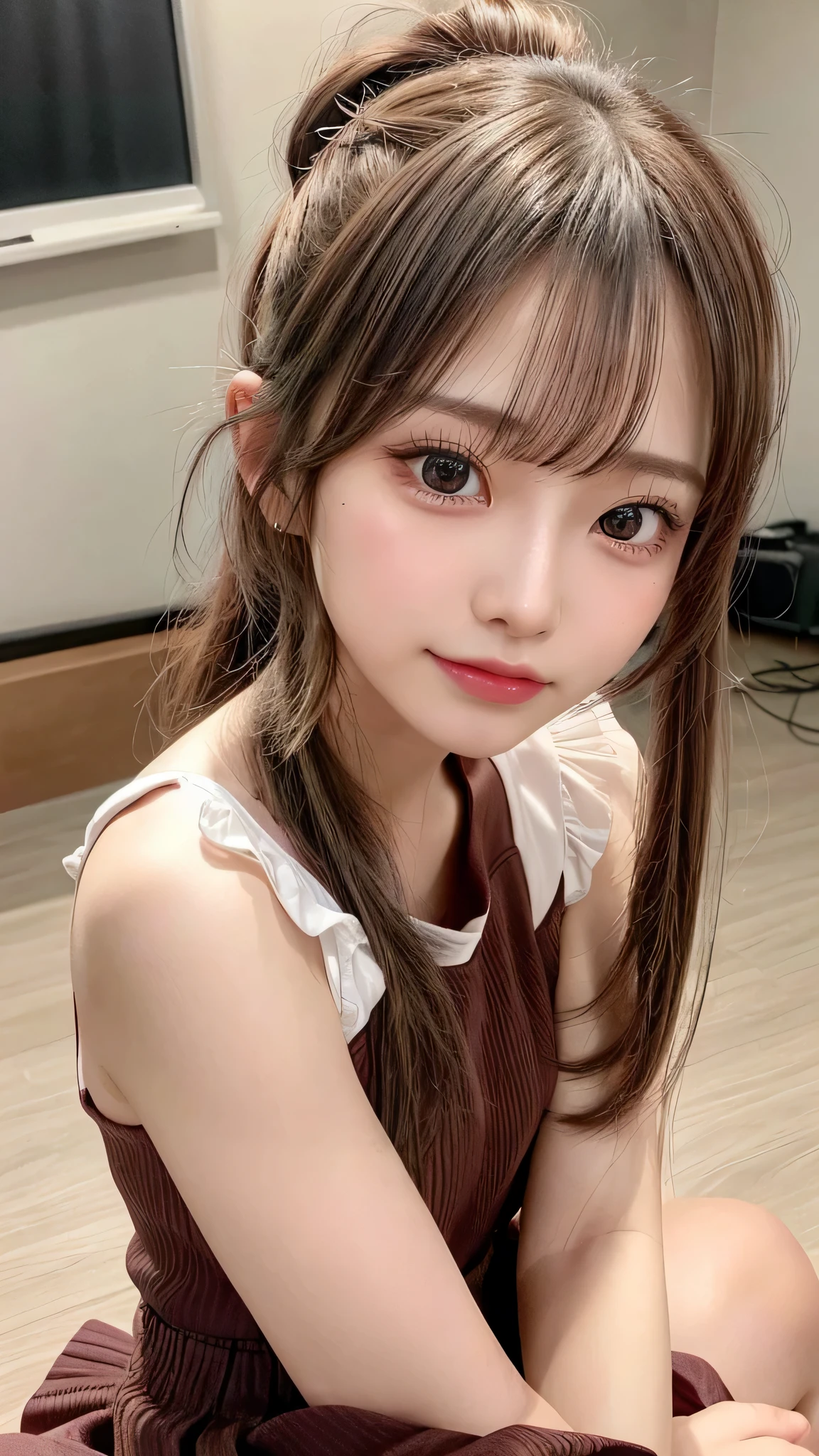 close up of face,blush,face forward,close up of face,small breasts,,long hair ponytail,concert,on stage,((8K, Raw photo, best quality, muste piece:1.2), (Reality, photorealistic:1.4), (Highly detailed 8K wallpaper), Depth of the bounds written, cinematic lighting, soft light, detailed beauty eye,Shiny and smooth light brown ponytail, asymmetrical bangs, shiny skin, super detailed skin ,high resolution, high detail, detailed hairstyle, detailed beauty face, hyper real, perfect limbs, perfect anatomy ,1 Japanese girl,famous japanese idol, perfect female body,shy smile,short eyelashes,double-edged eyelids,look straight here,Hair style is ponytail、She is wearing a skirt with lots of frills,pose is random,Pink frilly dress,close up of face