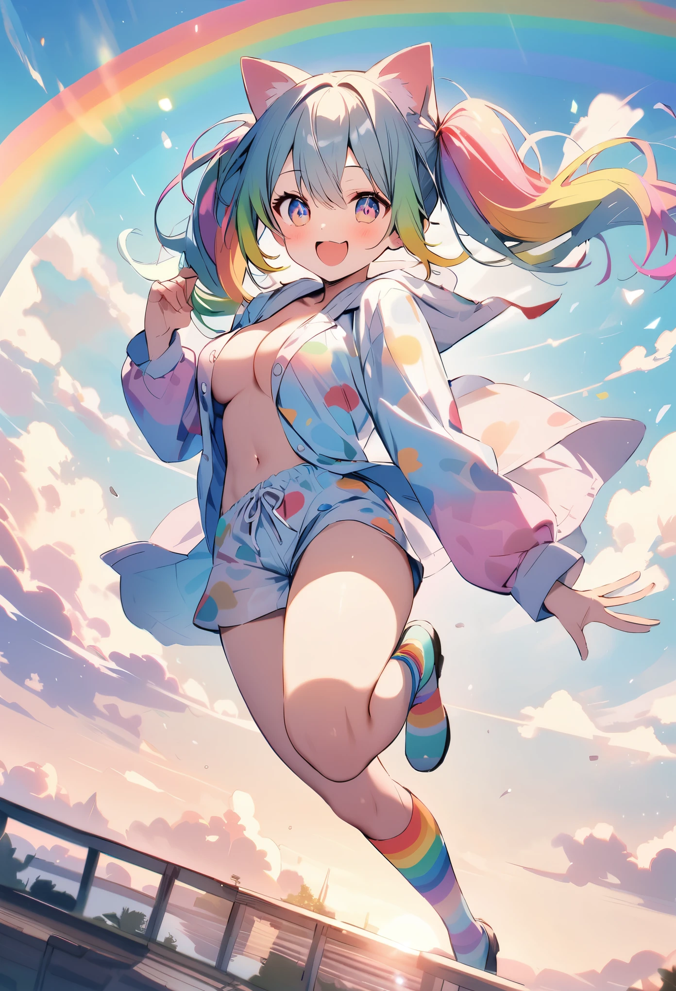 Bridge in the Sky、Rainbow Hair、Rainbow Pajamas、Rainbow socks、twin tails、Stars in your eyes、Cat mouth、pink cloud、Dreamy landscape、smiling girl、cleavage、short pants、thighs、full body figure、Add parentheses、fall back on your feet、Powerful、rainbow colored eyes