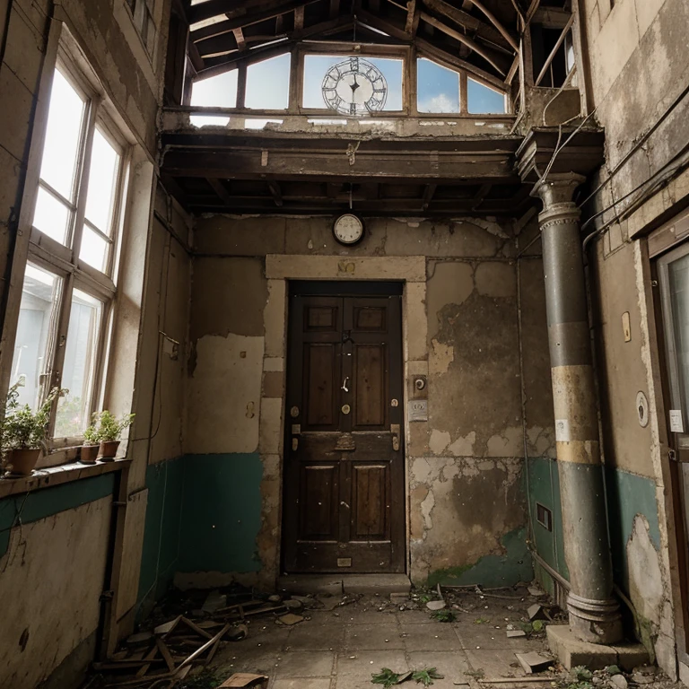An old, musty building with several floors. In der Umrandung sollen Karten, Fotos, Leaves and a clock can be seen. In the middle is a door that is quite broken and run down. Es steht Herzlich willkommen zu unserem ExitGame. The building is said to look very old and run down, almost broken
