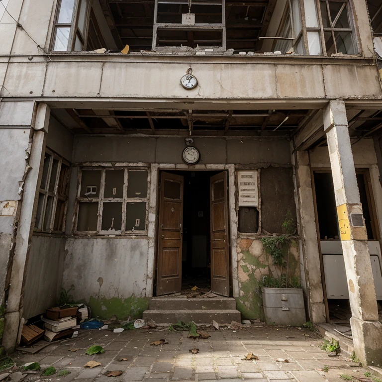 An old, musty building with several floors. In der Umrandung sollen Karten, Fotos, Leaves and a clock can be seen. In the middle is a door that is quite broken and run down. Es steht Herzlich willkommen zu unserem ExitGame. The building is said to look very old and run down, almost broken