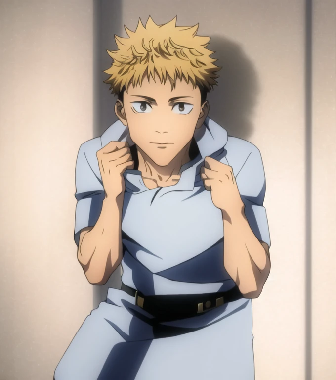 (Illustration, high resolution, best quality: 1.5, masterpiece, minimalist, simplistic detail, anime), solo: 2, fit male, adult male, upper body, half body portrait, shirtless: 2, boxer, boxing gloves, vox machina style, itadori yuji, blond: 1.5, shaded face, dark shade face,