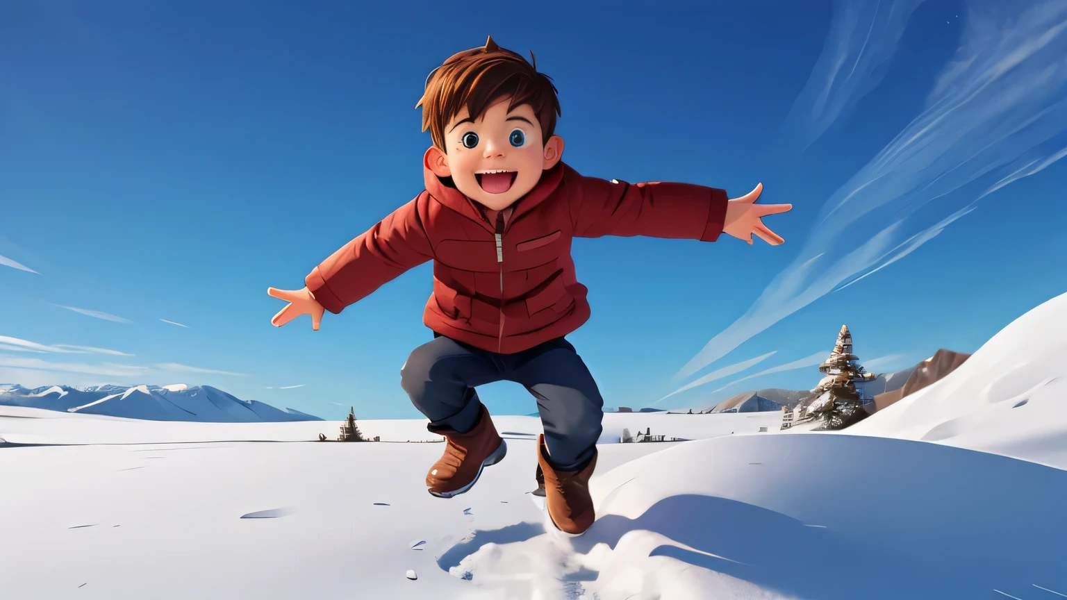 Illustrate the boy mid-jump as he playfully leaps onto the snow edge. His arms are outstretched, and his boots kick up a little snow.His face shows a mix of mischief and delight. His footprints should be visible where he landed on the edge.The father turns to look, surprised by the boy’s action.