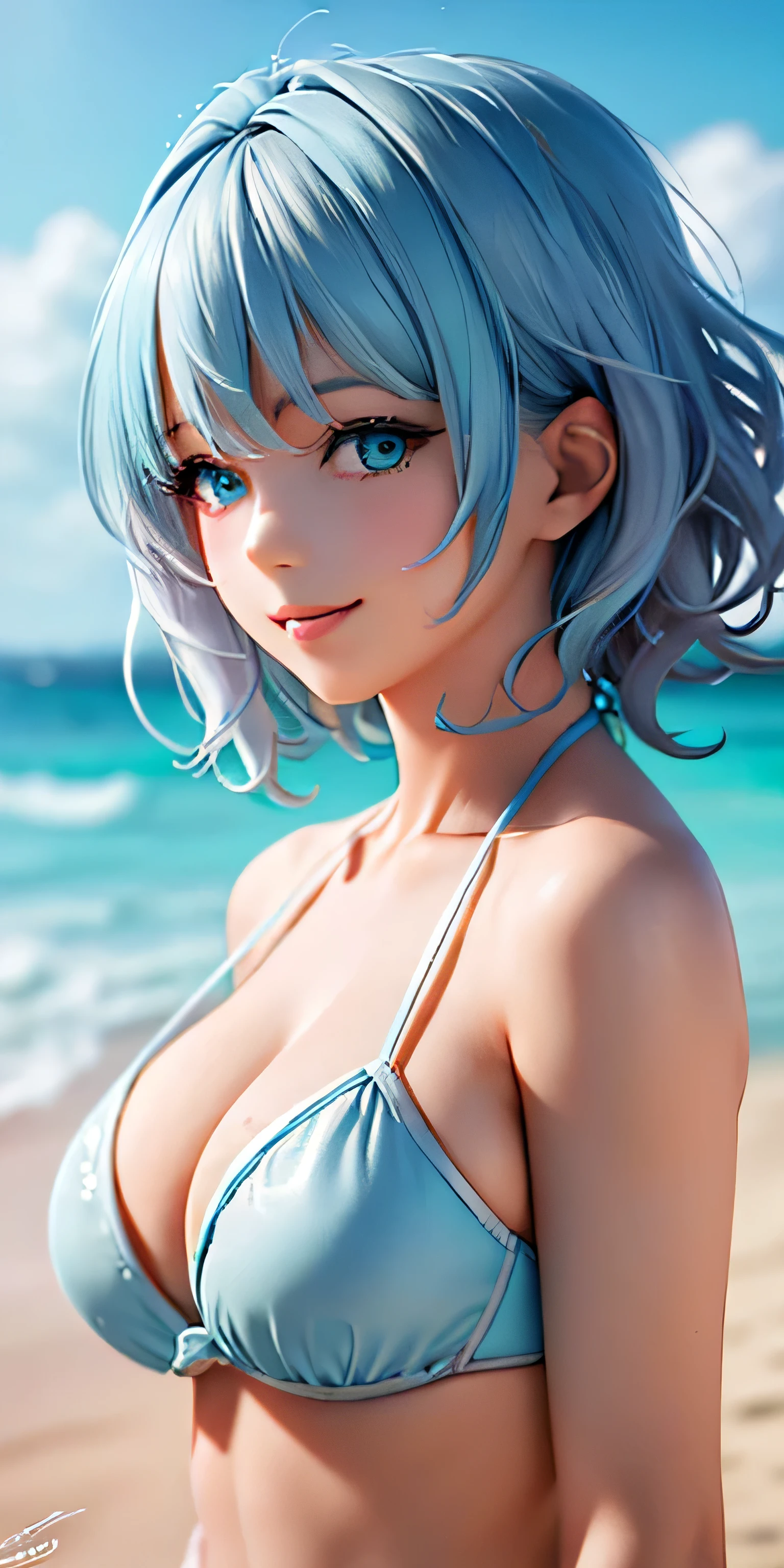 , (Light blue short wavy hair:1.5,messy hair:1.5), (photorealistic:1.8), (masterpiece, side light, exquisite beautiful eyes: 1.5), masterpieceportrait, realistic, 3D face,(cute face),Front view: 1.6、 (shining blue eyes:1.2),plump face:1.5,(we say:1.5)、(enchanting smile:1.2),rosy mouth,Because I&#39;m slender,abs, shiny hair, shiny skin: 1.5、medium breasts,cleavage、alone,(stand)、(white bikini)、(character focus:1.5、Portrait:1.5、Upper body),beach,