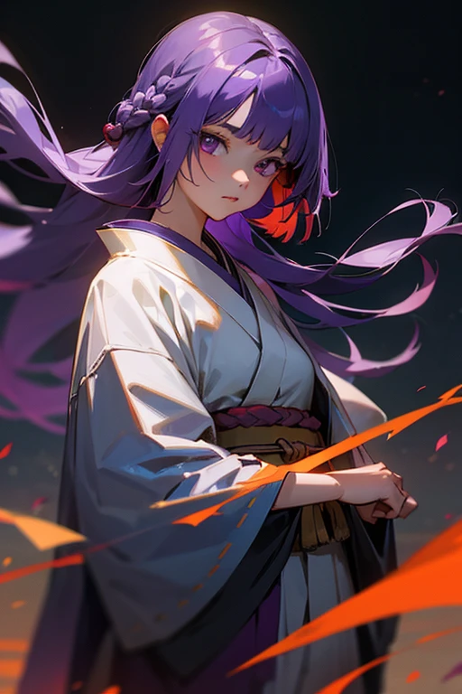 1 girl, dull bangs, Braid, wide sleeve, hair ornaments, kimono, red obi, (purple hair:1.2), very long hair, straight hair, looking at the viewer, highly detailed background, (realistic:1.2), fine eyes, red eyeshadow, Depth of written boundary,thigh, (Ulzzang-6500:0.7), Upper body, (alone:1.2), (cyberpunk city:1.1), shiny skin、hair blowing in the wind、花のhair ornaments沢山、Moonlight night、