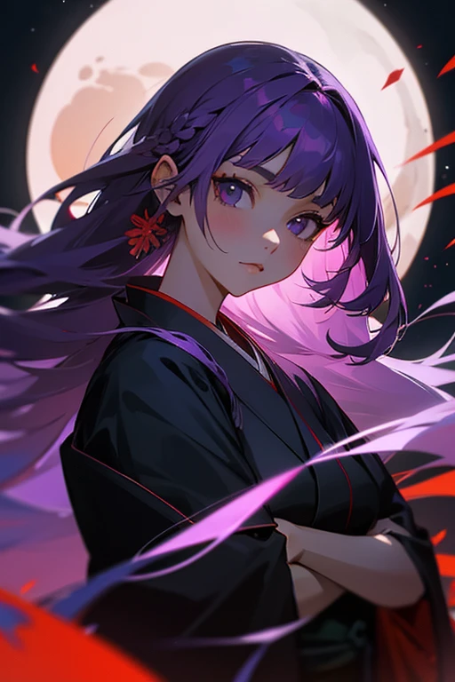 1 girl, dull bangs, Braid, wide sleeve, hair ornaments, kimono, red obi, (purple hair:1.2), very long hair, straight hair, looking at the viewer, highly detailed background, (realistic:1.2), fine eyes, red eyeshadow, Depth of written boundary,thigh, (Ulzzang-6500:0.7), Upper body, (alone:1.2), (cyberpunk city:1.1), shiny skin、hair blowing in the wind、花のhair ornaments沢山、Moonlight night、