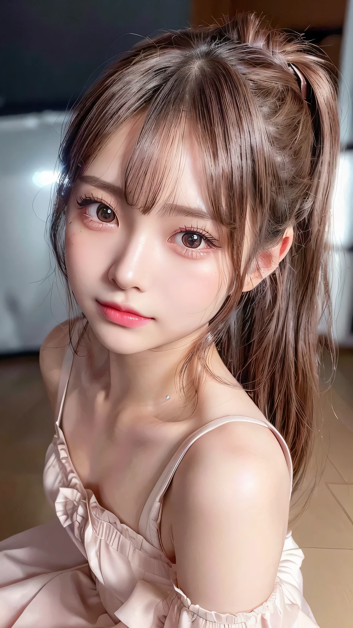 close up of face,blush,face forward,close up of face,small breasts,14 years old,long hair ponytail,concert,on stage,((8K, Raw photo, best quality, muste piece:1.2), (Reality, photorealistic:1.4), (Highly detailed 8K wallpaper), Depth of the bounds written, cinematic lighting, soft light, detailed beauty eye,Shiny and smooth light brown ponytail, asymmetrical bangs, shiny skin, super detailed skin ,high resolution, high detail, detailed hairstyle, detailed beauty face, hyper real, perfect limbs, perfect anatomy ,1 Japanese girl,famous japanese idol, perfect female body,shy smile,short eyelashes,double-edged eyelids,look straight here,Hair style is ponytail、She is wearing a skirt with lots of frills,pose is random,Pink frilly dress,close up of face