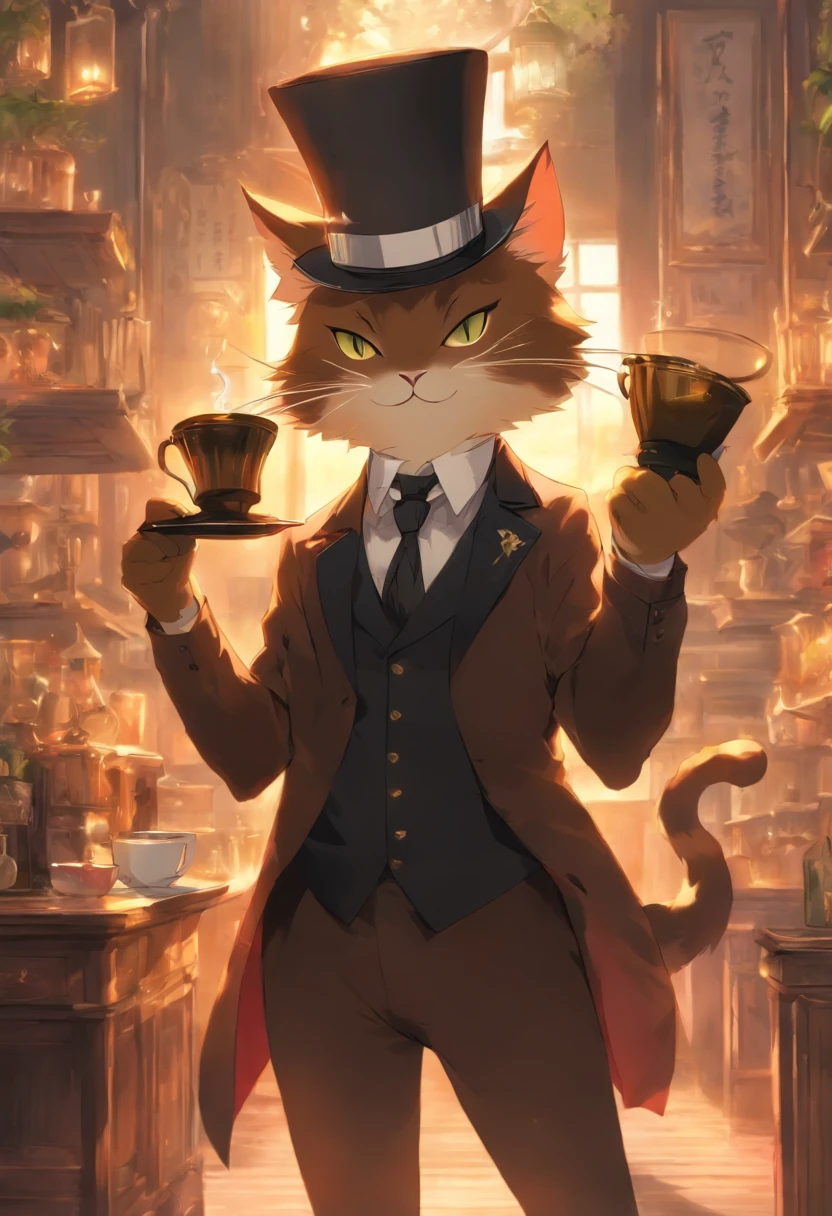 cat,Wear a butler's uniform,left eyeglasses,cool,standing holding tea