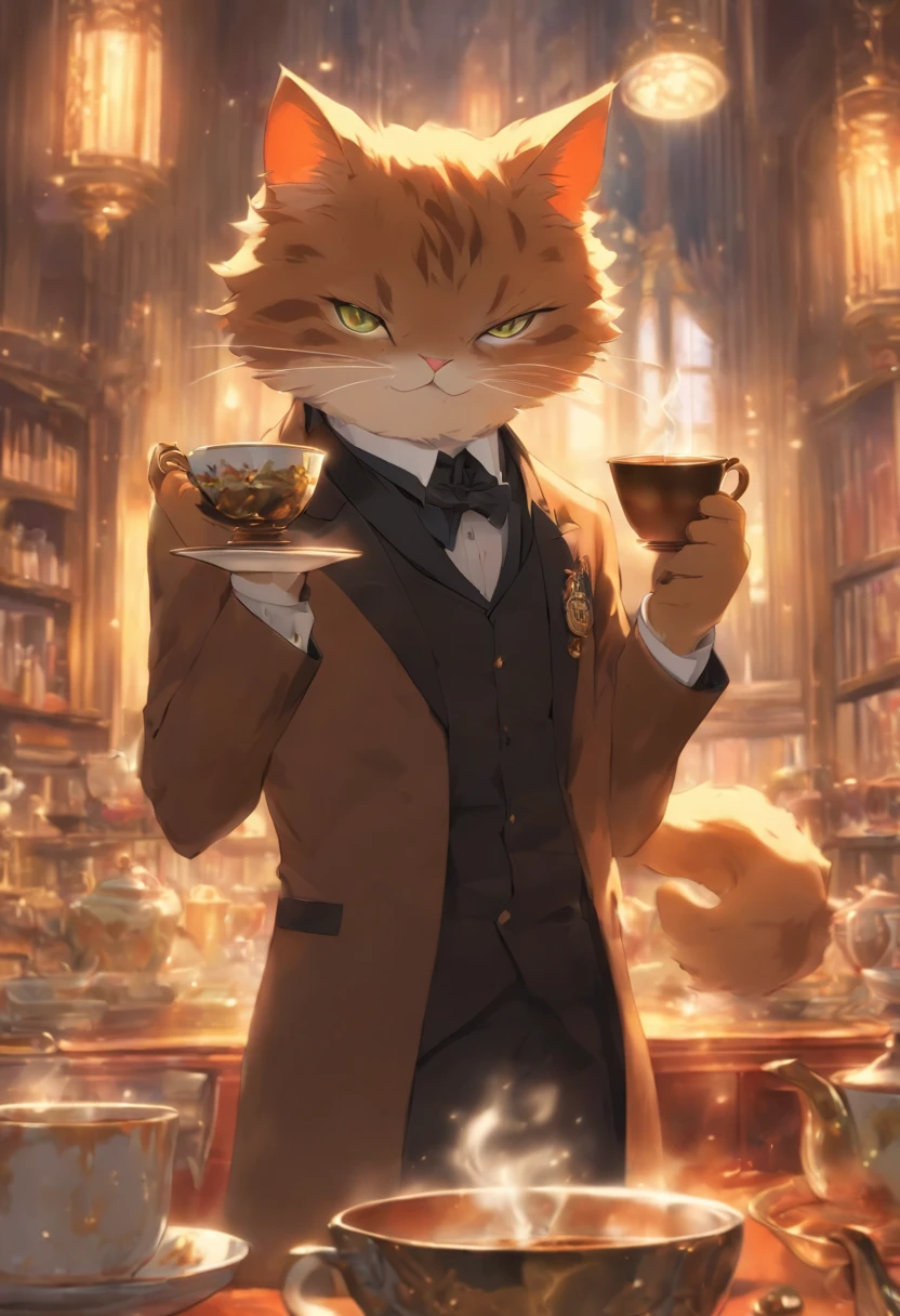 cat,Wear a butler's uniform,left eyeglasses,cool,standing holding tea