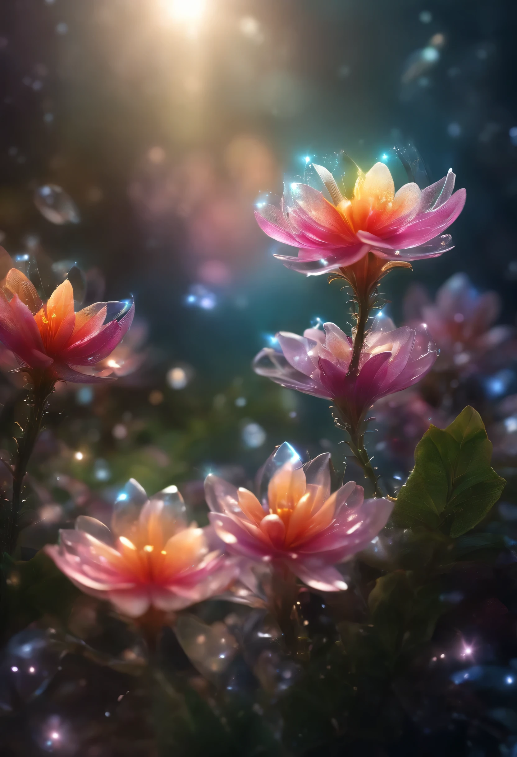 Crystal Spring Flowers, fantasy, galaxy, transparent, Glittering, Glittering, outstanding, colorful, amazing photography, dramatic lighting, photorealism, super detailed, 4K, depth of field, High resolution
