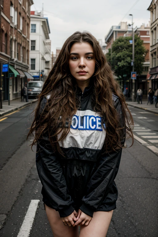 full body photograph of a brunette woman with wavy hair, 21 years old, realistic photo, in street, (police uniform)
