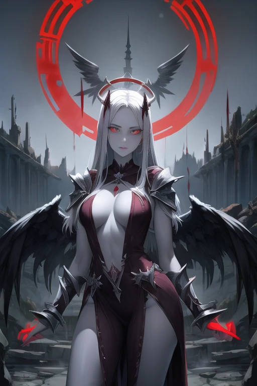 Grey skin, blood halo, angel, rare, cursed maiden, Angelic armor, beautiful woman, long silver hair, red glowing eyes, grey skin, black wings, palace ruins,