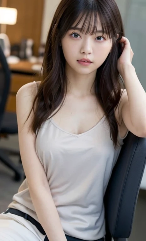 masterpiece、highest quality、16K、RAW Photos、Super detailed、Ultra-high resolution、UHD,Depth of written boundary、very detailed、late night office、dim、Cinematic lighting、Professional Lighting、Pale shading、Weak contrast、Japanese、beautiful girl、Smooth, silky skin、Translucent white skin、sitting in front of the computer、Operating a computer、(The loose camisole is white in color.)、(The tight knit micro mini skirt is pastel purple.:2.0)、(smooth and beautiful thighs:1.6)、(Small breasts:1.0)、Flat Chest、Breast like a 、、The chest is wide open、Small areola、Small nipples、Beautiful nipples、Cherry-colored nipples、White Breasts、Dolly Makeup、A smile that makes people happy、(Floating hair、Messy Hair、Wavy long hair、High Ponytail),(The bangs are see-through)、office chair、Head to thigh photo