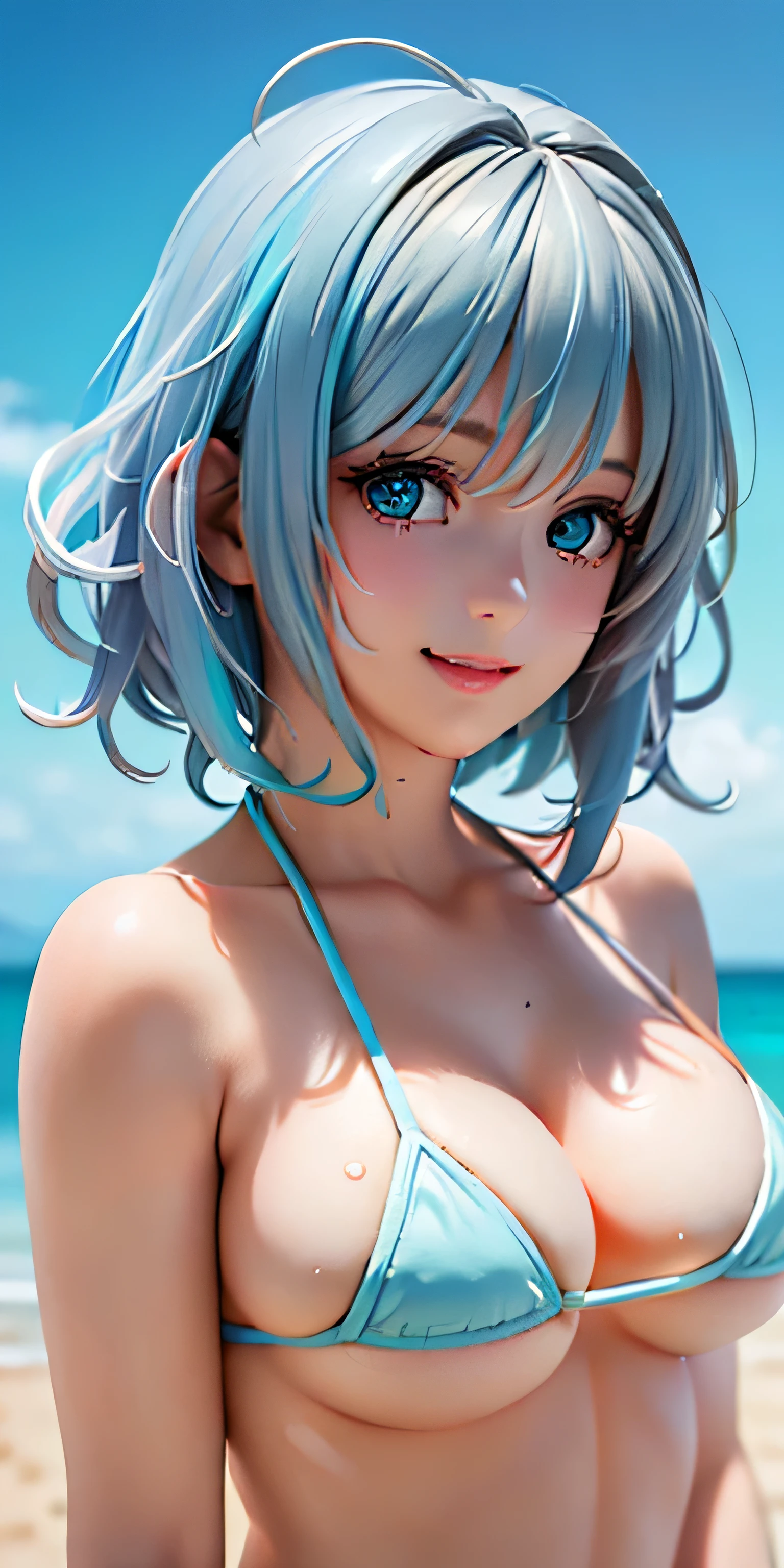 , (Light blue short wavy hair:1.5,messy hair:1.5), (photorealistic:1.8), (masterpiece, side light, exquisite beautiful eyes: 1.5), masterpieceportrait, realistic, 3D face,(cute face),Front view: 1.6、 (shining blue eyes:1.2),plump face:1.5,(we say:1.5)、(enchanting smile:1.2),rosy mouth,Because I'm slender,abs, shiny hair, shiny skin: 1.5、medium breasts,cleavage、alone,(stand)、(micro bikini)、(character focus:1.5、Portrait:1.5、Upper body),beach,