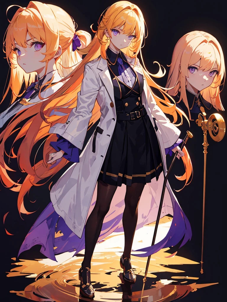 masterpiece:1.2, highest quality),(Colored Background) (Beautiful detailed eyes: 1.2), (Highly detailed CG Unity 8K wallpaper, masterpiece, highest quality, Super detailed, best shadow), (detailed background), white jacket,arms(have a cane),solo ,golden hair,purple eyes,1girl, sketch (character design sheet, same character, full body, Three-View, front, ~ side, return), solo,