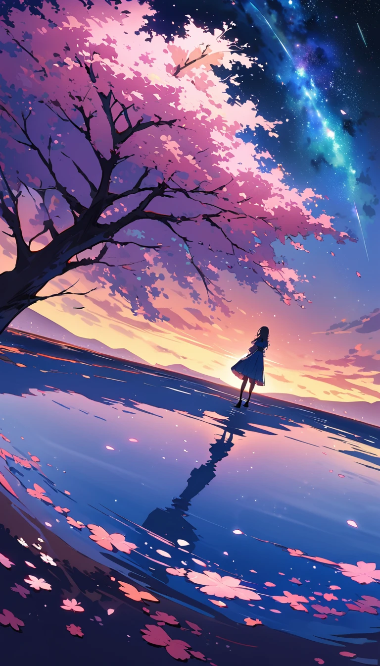 ((best quality)), ((master piece)), ((ultra wide angle)),evening, A woman called、,standing on the salt lake,The water surface is like a mirror,Reflecting the sky。look at the sky,The Milky Way is in the sky,cherry blossoms,cherry blossoms並木,ピンクのcherry blossoms