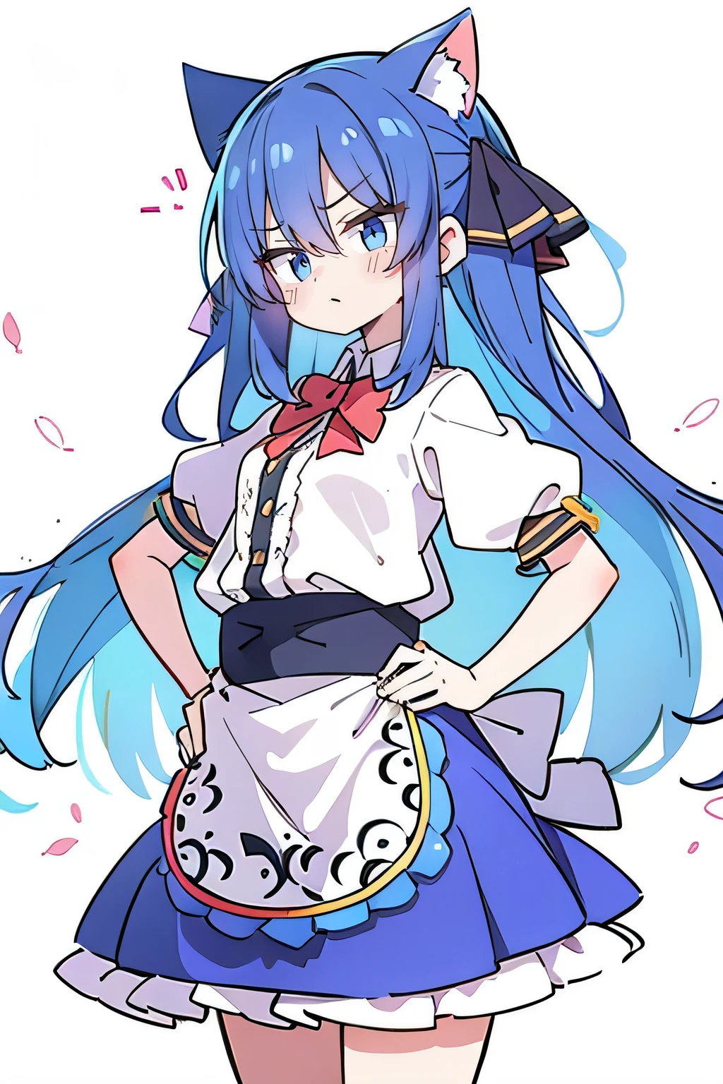 (masterpiece),best quality, expressive eyes, perfect face, 1girl,
 Put your hands on your waist,fair, Gorgeous,Japanese cartoons,girl,lola,Hina Angel, blue hair, blue haired, floating clothes,Grab your waist, Grab your waist, hands on hips , hands on hips,sit, sit on ground, Legs on the ground, flat chest,cat ears,Petals fall,