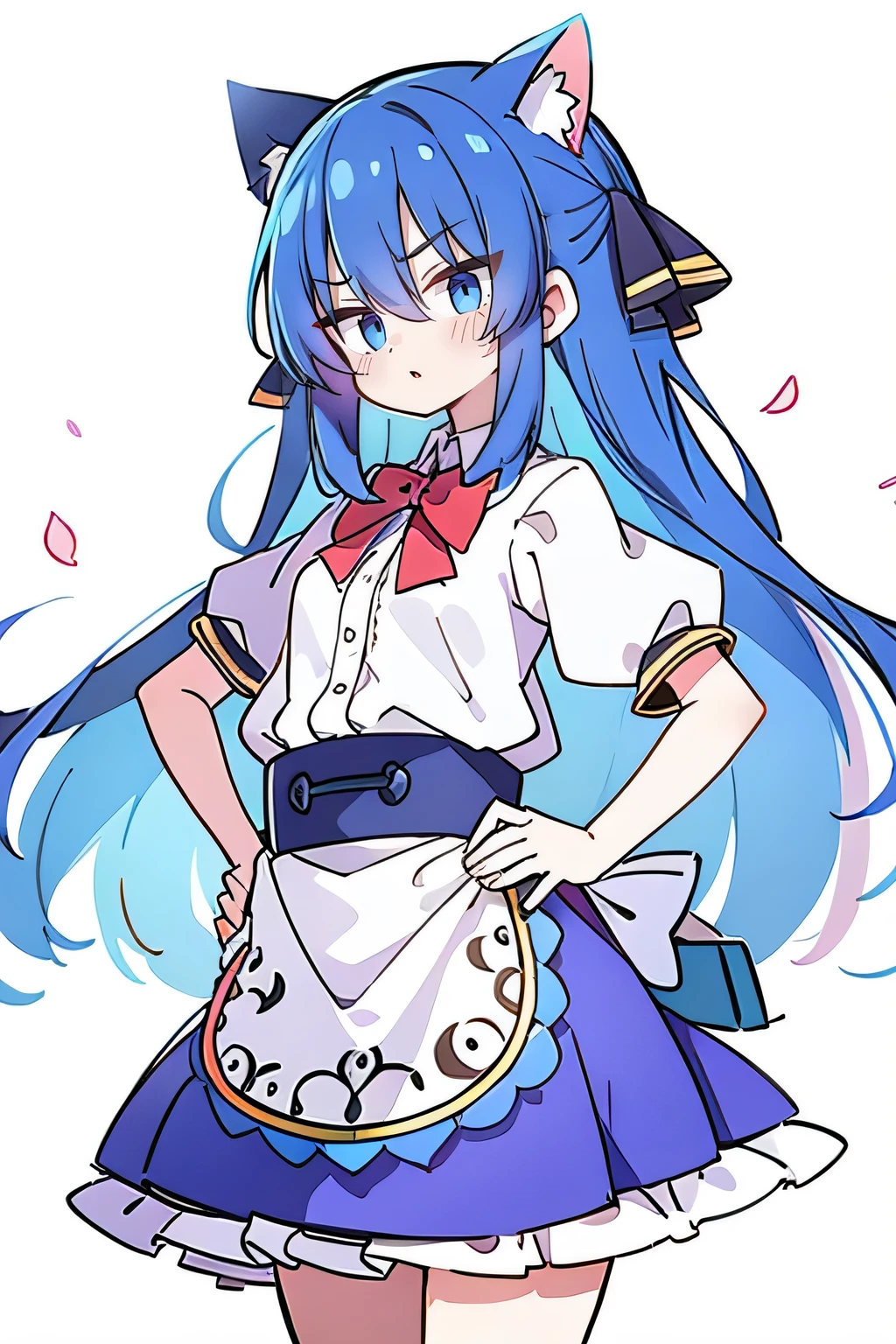 (masterpiece),best quality, expressive eyes, perfect face, 1girl,
 Put your hands on your waist,fair, Gorgeous,Japanese cartoons,girl,lola,Hina Angel, blue hair, blue haired, floating clothes,Grab your waist, Grab your waist, hands on hips , hands on hips,sit, sit on ground, Legs on the ground, flat chest,cat ears,Petals fall,