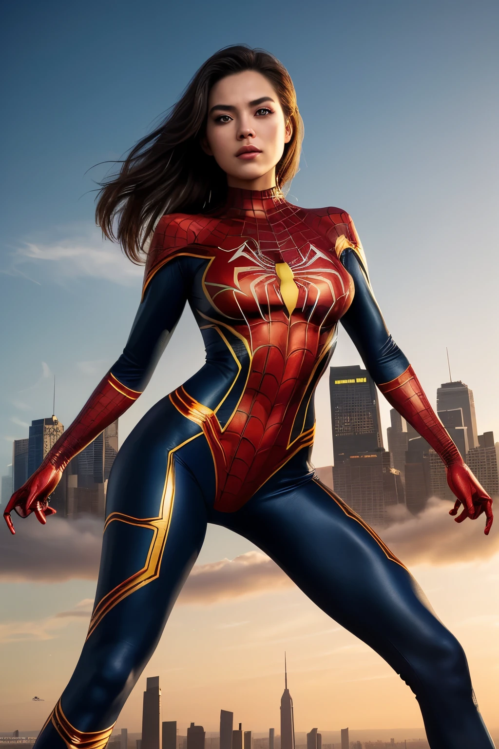 (1girl: 1.3)a beautiful woman, dressed in the golden spiderman costume, (((Very detailed face)))), ((Very detailed eyes and face)))), Beautiful detailed eyes, Body parts__, Official art , Unified 8k wallpaper, Super detailed , beautiful and beautiful, beautiful, masterpiece, best quality, original, masterpiece, super fine photo, best quality, super high resolution, realistic realism, sunlight, full body portrait, incredible beauty, dynamic pose, delicate face , vibrant eyes, (from the front), She wears Spider-Man suit, red and black color scheme, spider, very detailed city roof background, roof, overlooking the city, detailed face, detailed complex busy background, messy, beautiful, milky white, highly detailed skin, realistic skin details, visible pores, clear focus, volumetric haze, 8k uhd, DSLR, high quality, film grain, clear skin, photo realism, lomography, futuristic dystopian megalopolis, translucent