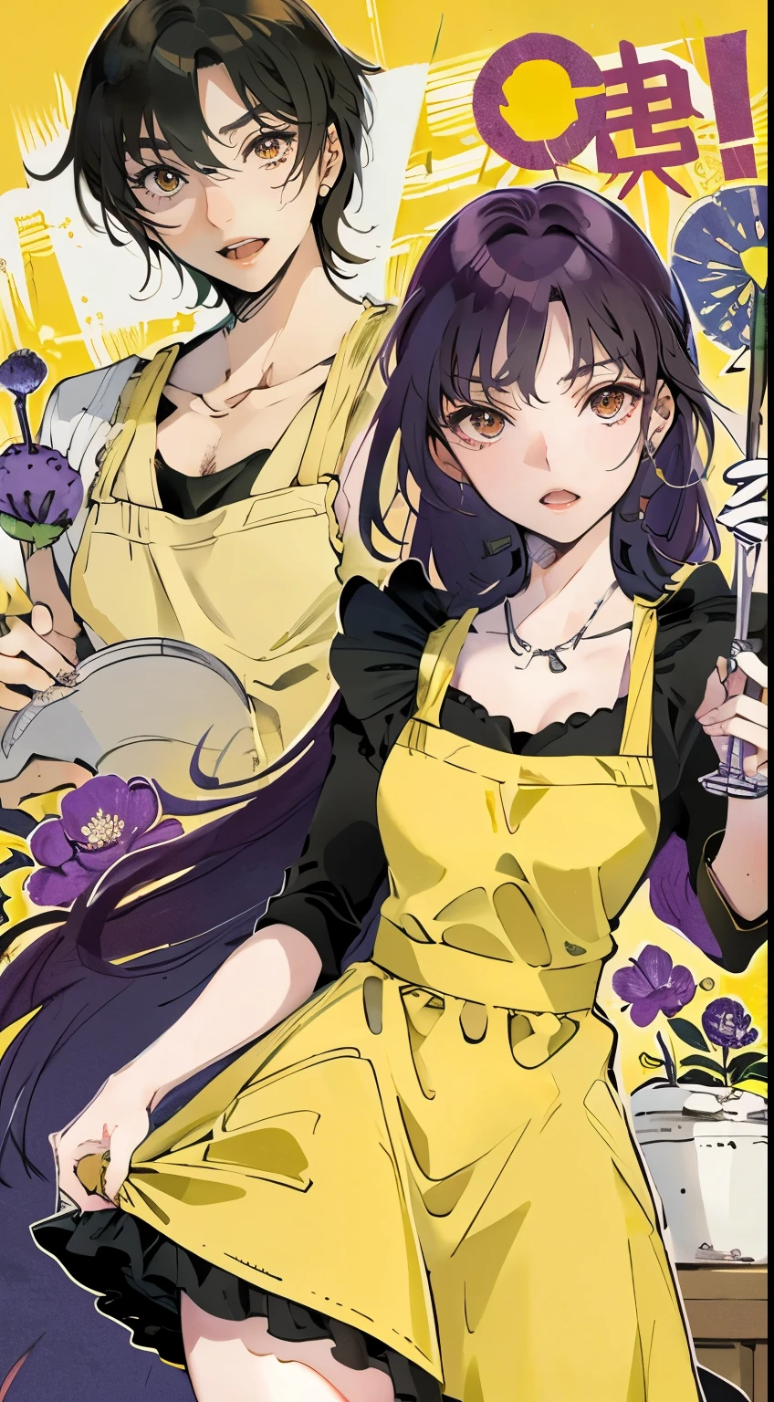 young woman, dark skin, purple hair, square, bangs cover the eye, purple flowers in hair, Yellow eyes, a green dress, dress with yellow elements, white ?????