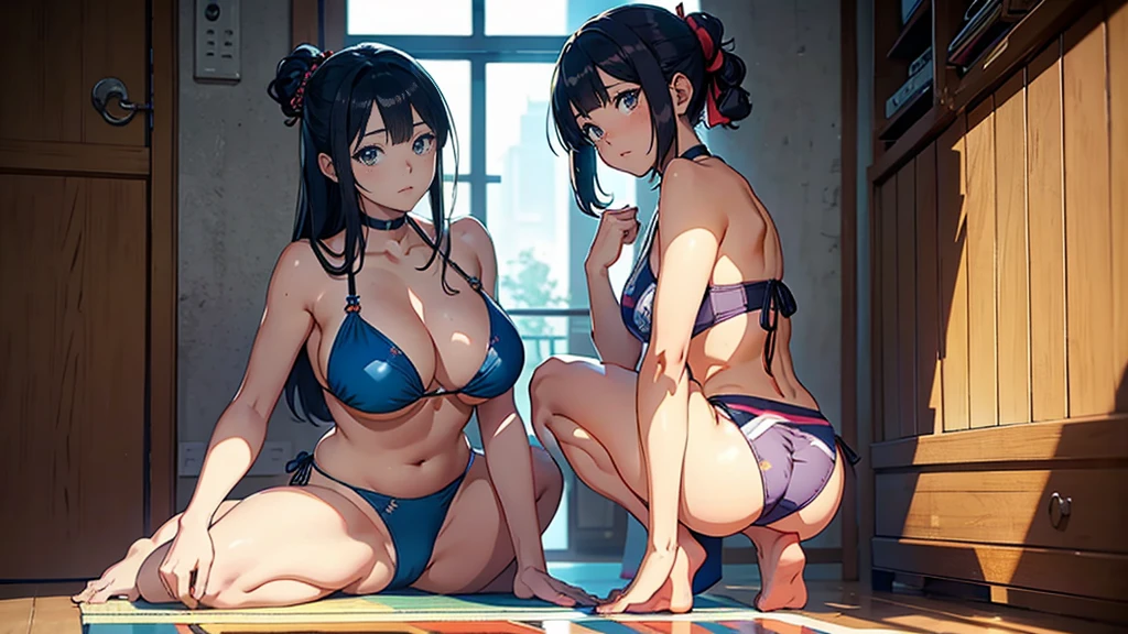 A woman in an anime-style bikini is sitting on a mat in a room, Anime drawn by Kentaro Miura, pixiv, shin hanga, 魅惑的なanime girl, beautiful attractive anime woman, 魅力的なanime girl, 美しいanime girl, 美しいanime girl squatting, clean detailed anime art, anime girl, 4k anime wallpaper, | fine detail anime