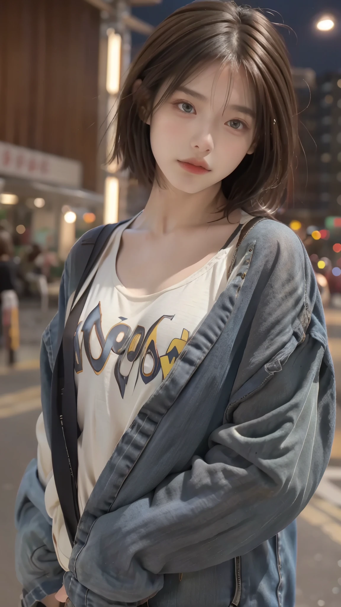 RAW shooting, 12K, 最high quality, masterpiece, 超High resolution, (realistic:1.4), Raw photo, 1 girl,, short hair, (masterpiece, 最high quality, high quality, High resolution, Super detailed),brown hair, (Night lights:1.4), Cyberpunk attire、Layer Color、Clothes with many zippers、baggy clothes、White, pink, blue and yellow colored clothes、looking at the viewer