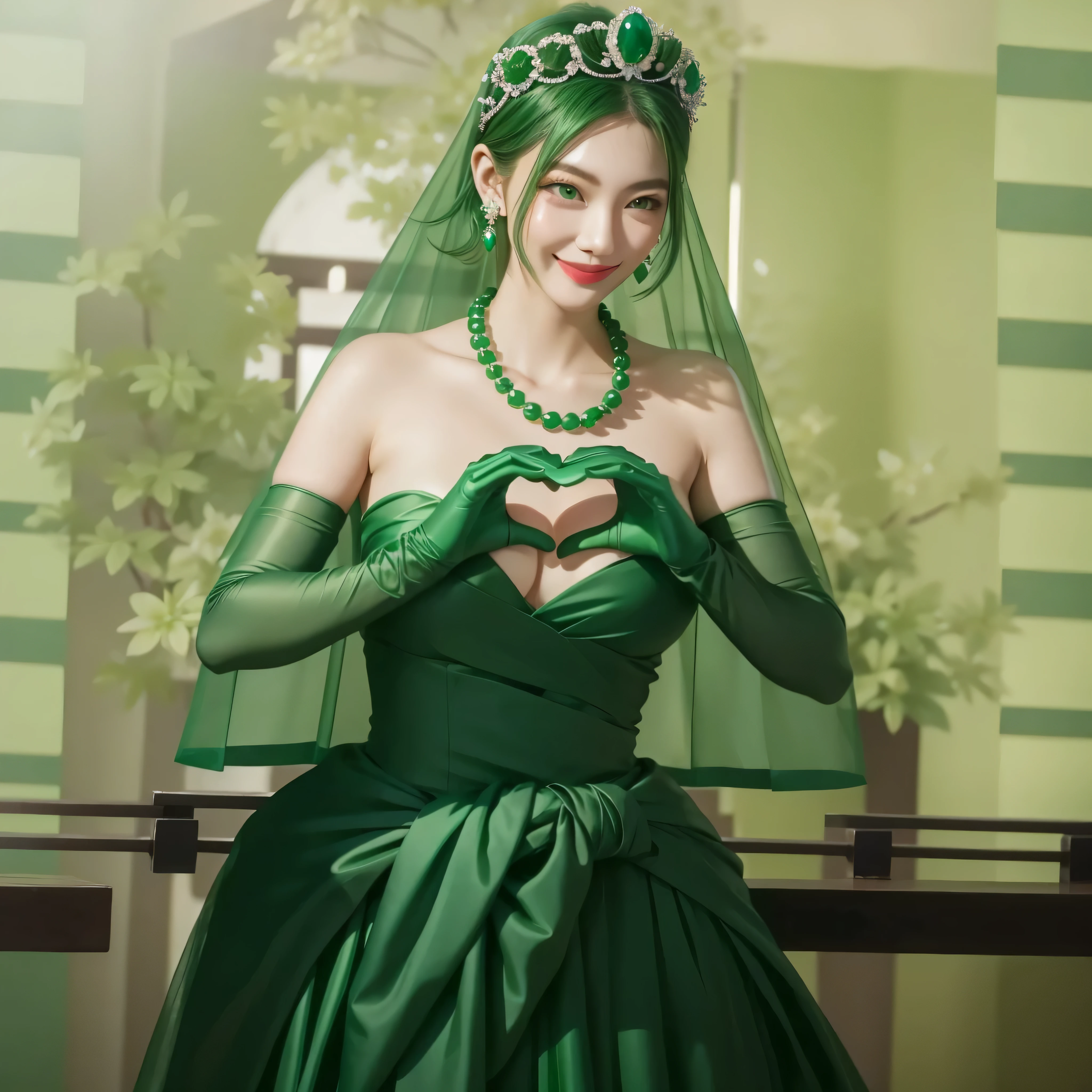 emerald tiara, green pearl necklace, boyish very short green hair, Green Lips, smiling Japanese woman, very short hair, Beautiful woman with big breasts, green eyes, Green satin gloves, green eyes, emerald earrings, green veil, Heart with both hands, green hair, beautiful japanese woman, heart shaped hands:1.3, green lip gloss