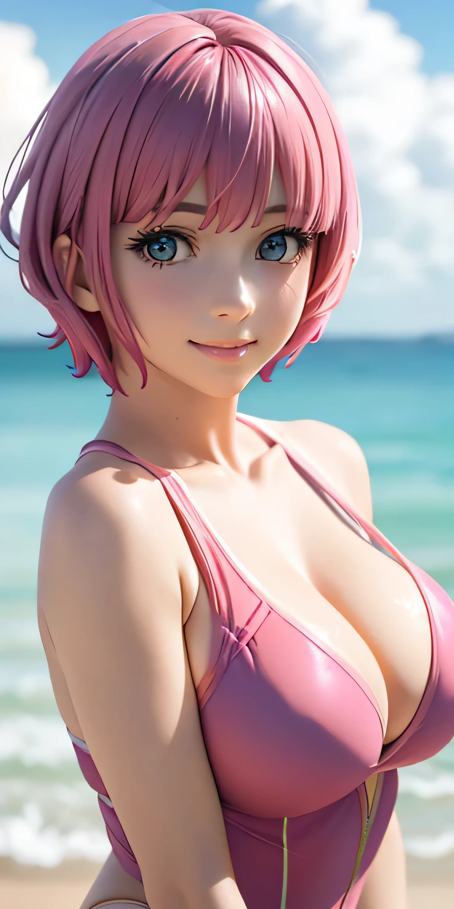 , (pink short hair:1.5,messy hair:1.5), (photorealistic:1.8), (masterpiece, side light, exquisite beautiful eyes: 1.5), masterpieceportrait, realistic, 3D face,(cute face),Front view: 1.6、 (shining blue eyes:1.2),plump face:1.5,(we say:1.5)、(enchanting smile:1.2),rosy mouth,Because I'm slender,abs, shiny hair, shiny skin: 1.5、medium breasts,cleavage、alone,(stand)、(Navy blue light swimsuit)、(character focus:1.5、Portrait:1.5、Upper body),beach,
