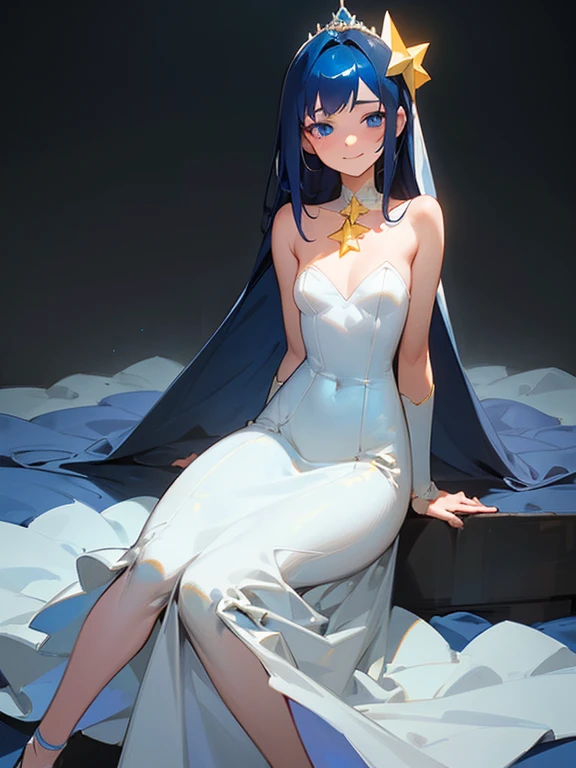 full body, 1 girl, dark blue hair, shoulder length hair, blue eyes, small breasts, outside, modern villa exterior, detailed background, highres, highly detailed face, Detailed eyes, shy expression, blush, good proportions, looking forward, happy smile, sitting upright, princess, white wedding dress, yellow star shaped hairpin,