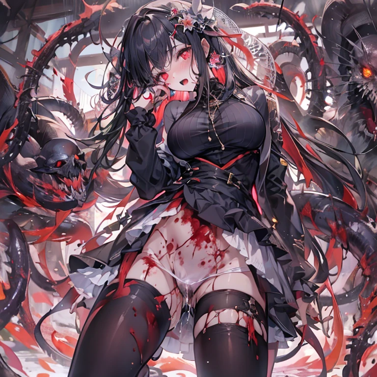 masterpiece, best quality, masterpiece,best quality,official art,extremely detailed CG unity 8k wallpaper, show foot, ***********, solo, kawaii, no_humans, medium hair, black hair, tentacle hair, saliva, blood on face, light blush, red eyes, blood from eyes, large breasts, hanging breasts, one breast out, seifuku, black pantyhose, uwabaki, tentacle, vore, bdsm, girl_on_top, sex, femdom, facesitting, pussy_juice, female_ejaculation, cum, zombie  girl ，one girl one boy，Girl infects man，Man under girl