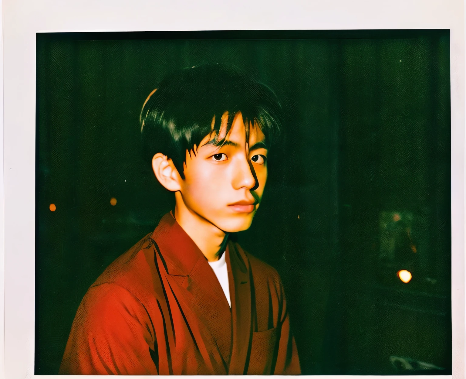 color unsharp masking quality. (A young Japanese man as extreme small as fire). thick outline. blurry photo. color slide film. 1958.