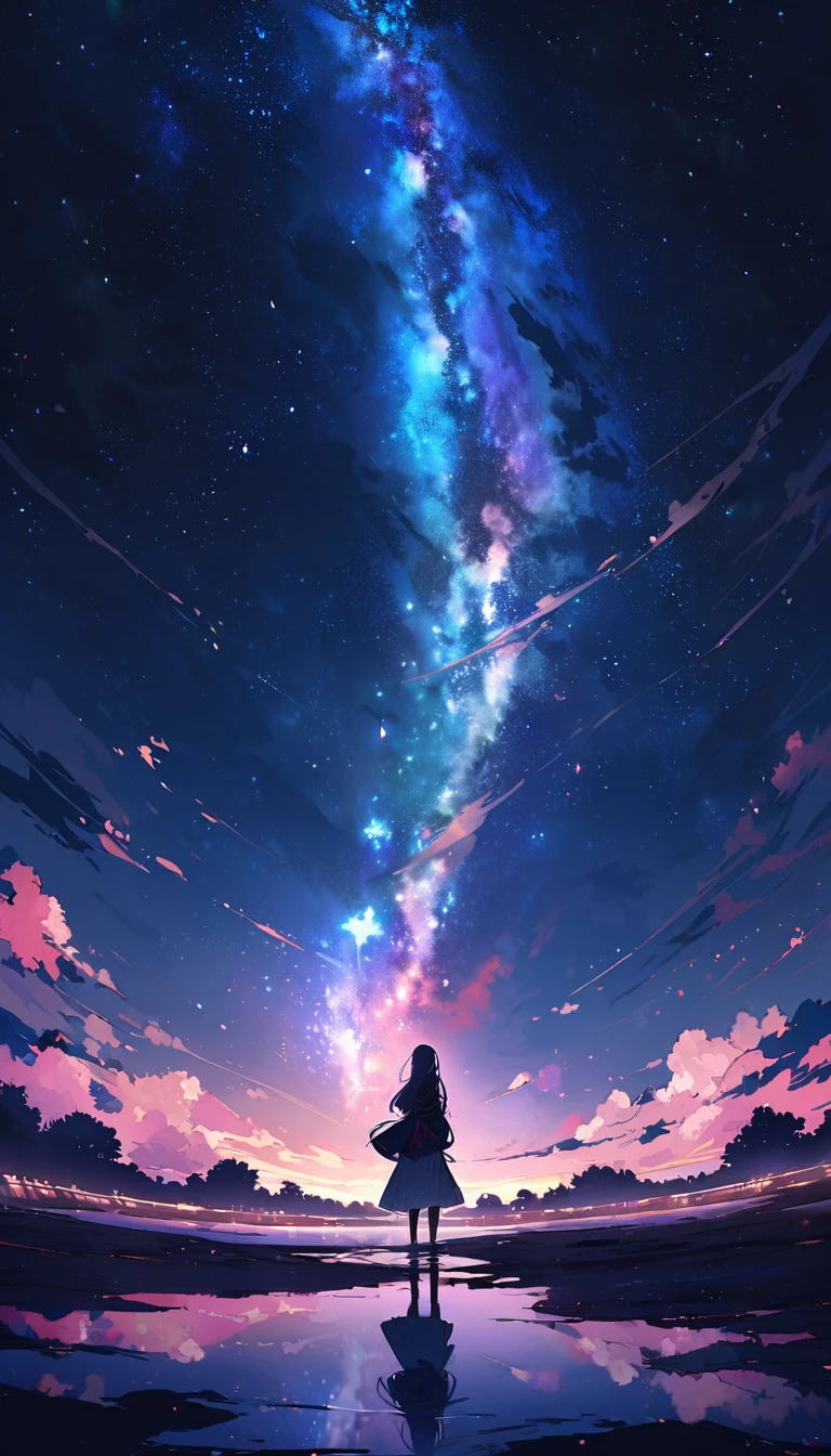 （（best quality））， （（master piece））， （（ultra wide angle）），night,Women、，standing on the salt lake，The water surface is like a mirror，Reflecting the sky。look at the sky，The Milky Way is in the sky,cherry blossoms,cherry blossoms並木,ピンクのcherry blossoms,空にそびえ立つ巨大なcherry blossomsの木
