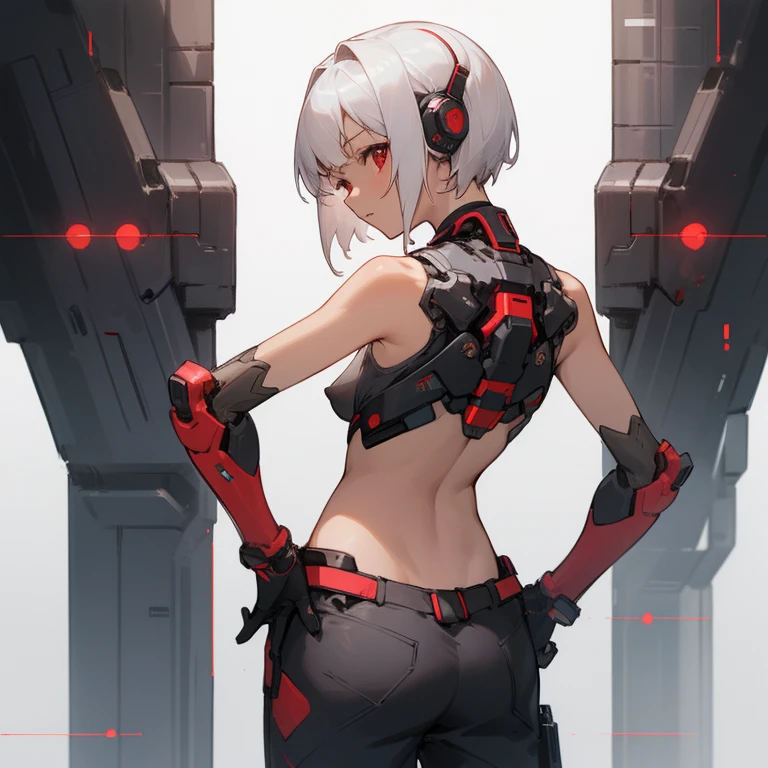 ((highest quality)), ((masterpiece)), (become familiar with),  1 girl, alone, silver hair,brown skin,red eyes,long pants,red sleeveless,Clothes with a visible back, thin,thin,short hair,small breasts, erect nipples, gloves, put your hands on your hips,cyber punk,SF