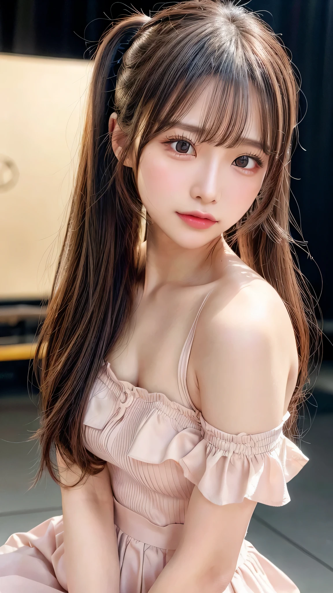 close up of face,blush,face forward,close up of face,small breasts,,long hair ponytail,concert,on stage,((8K, Raw photo, best quality, muste piece:1.2), (Reality, photorealistic:1.4), (Highly detailed 8K wallpaper), Depth of the bounds written, cinematic lighting, soft light, detailed beauty eye,Shiny and smooth light brown ponytail, asymmetrical bangs, shiny skin, super detailed skin ,high resolution, high detail, detailed hairstyle, detailed beauty face, hyper real, perfect limbs, perfect anatomy ,1 Japanese girl,famous japanese idol, perfect female body,shy smile,short eyelashes,double-edged eyelids,look straight here,Hair style is ponytail、She is wearing a skirt with lots of frills,pose is random,Pink frilly dress,close up of face