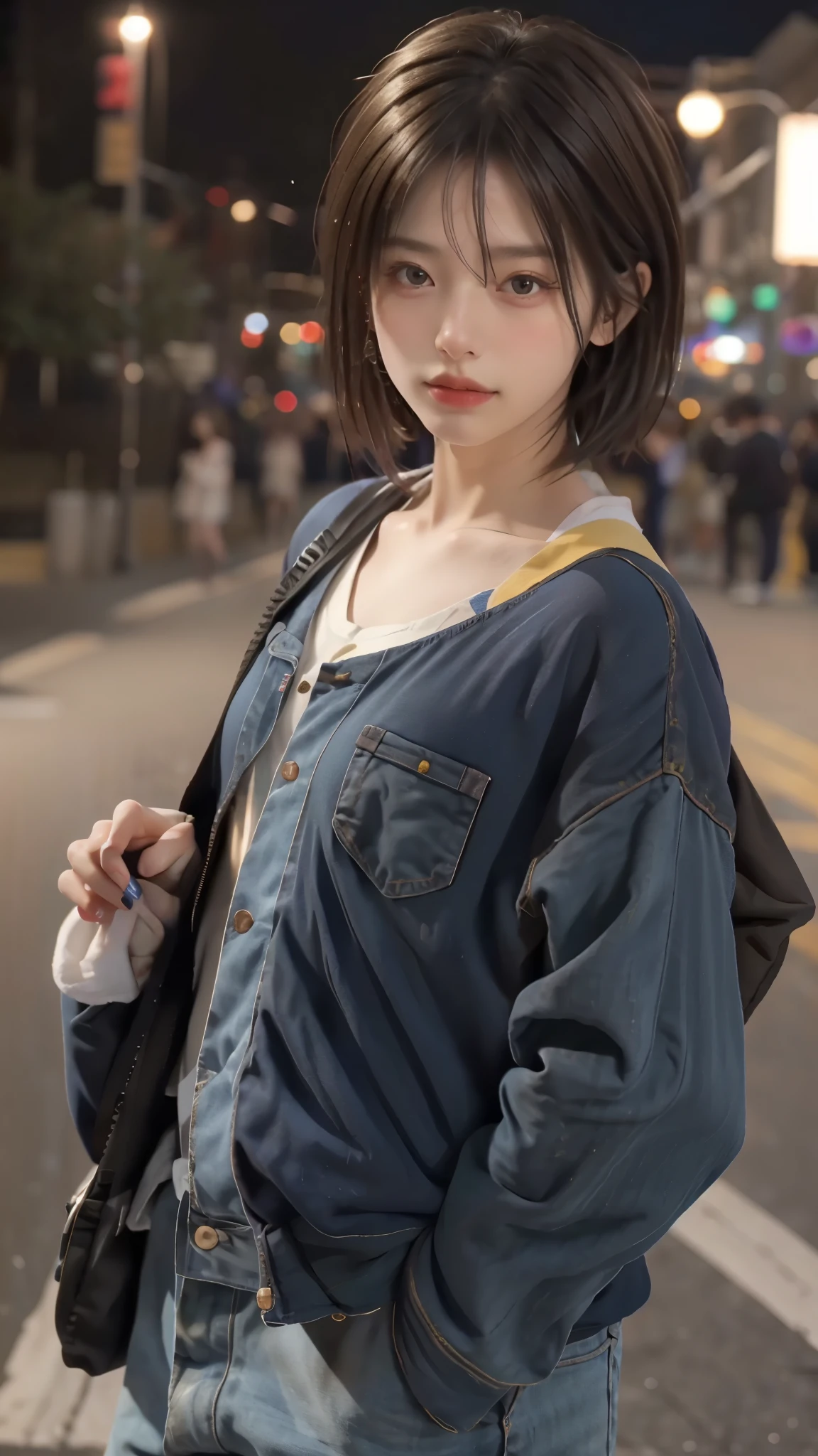 RAW shooting,最high quality, masterpiece, 超High resolution, (realistic:1.4), Raw photo, 1 girl,, short hair, (masterpiece, 最high quality, high quality, High resolution, Super detailed),brown hair, (Night lights:1.4), Cyberpunk attire、Layer Color、Clothes with 15 zippers、baggy clothes、White, pink, blue and yellow colored clothes、looking at the viewer