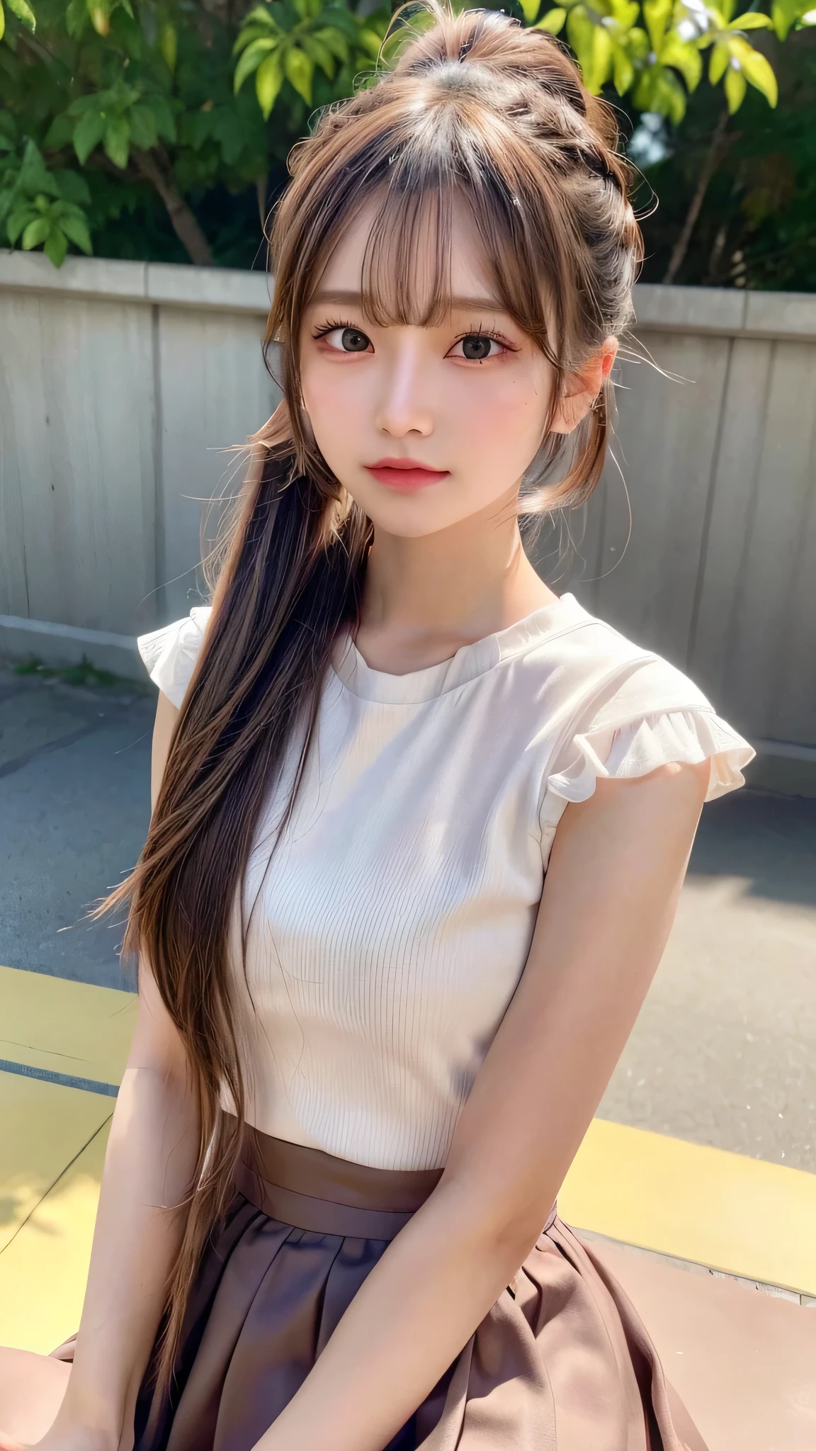 close up of face,blush,face forward,close up of face,small breasts,14 years old,long hair ponytail,concert,on stage,((8K, Raw photo, best quality, muste piece:1.2), (Reality, photorealistic:1.4), (Highly detailed 8K wallpaper), Depth of the bounds written, cinematic lighting, soft light, detailed beauty eye,Shiny and smooth light brown ponytail, asymmetrical bangs, shiny skin, super detailed skin ,high resolution, high detail, detailed hairstyle, detailed beauty face, hyper real, perfect limbs, perfect anatomy ,1 Japanese girl,famous japanese idol, perfect female body,shy smile,short eyelashes,double-edged eyelids,look straight here,Hair style is ponytail、She is wearing a skirt with lots of frills,pose is random,Pink frilly dress,close up of face