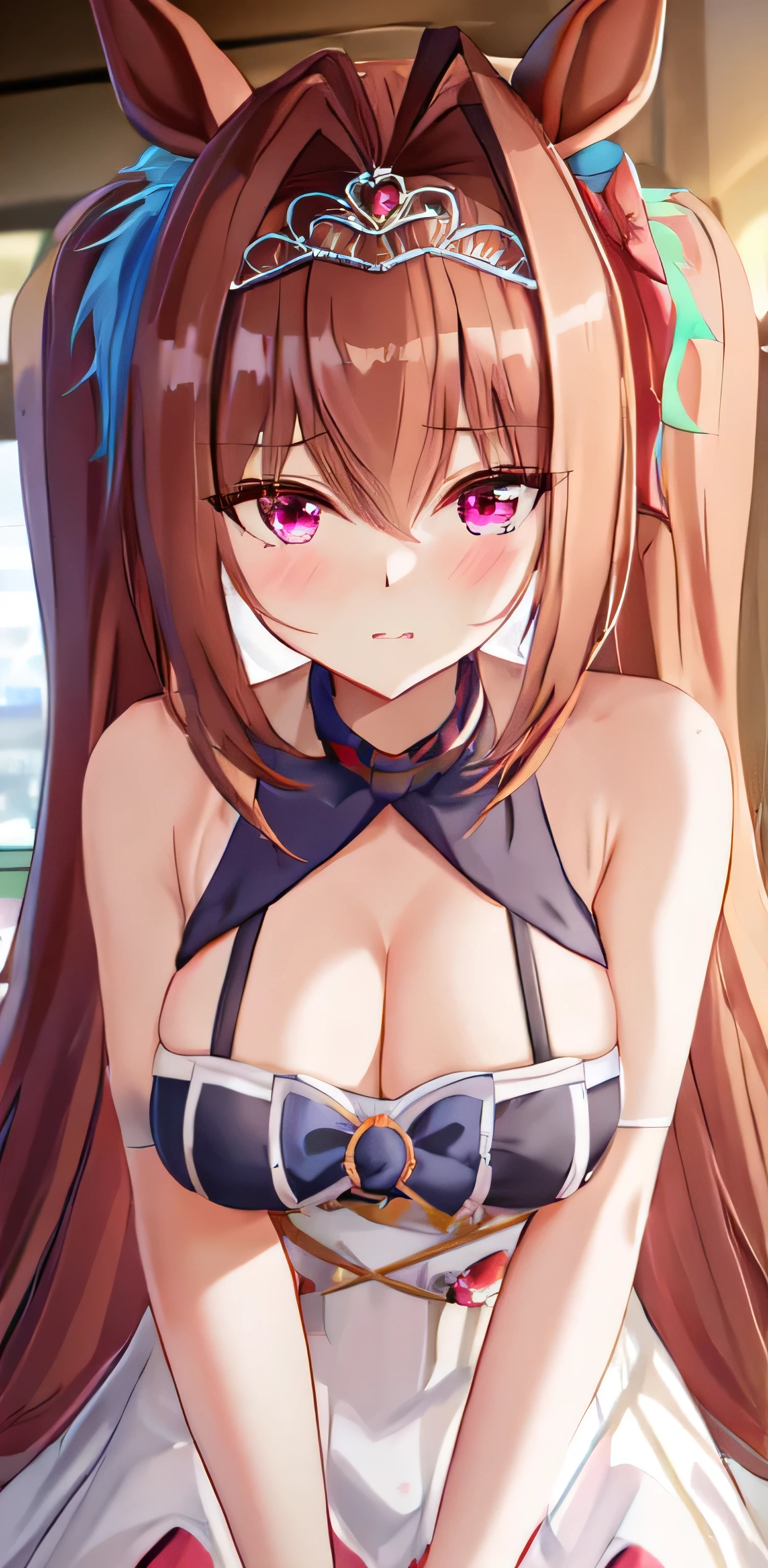 ((masterpiece, highest quality)), 1 girl,daiwa scarlet,daiwa scarlet(private server),horse ears,Uma Musume,brown hair,length_hair, twin tails,red_eye,Slit pupil,tiara, very_length_hair,hair_Intake,micro bikini, date,hotel room