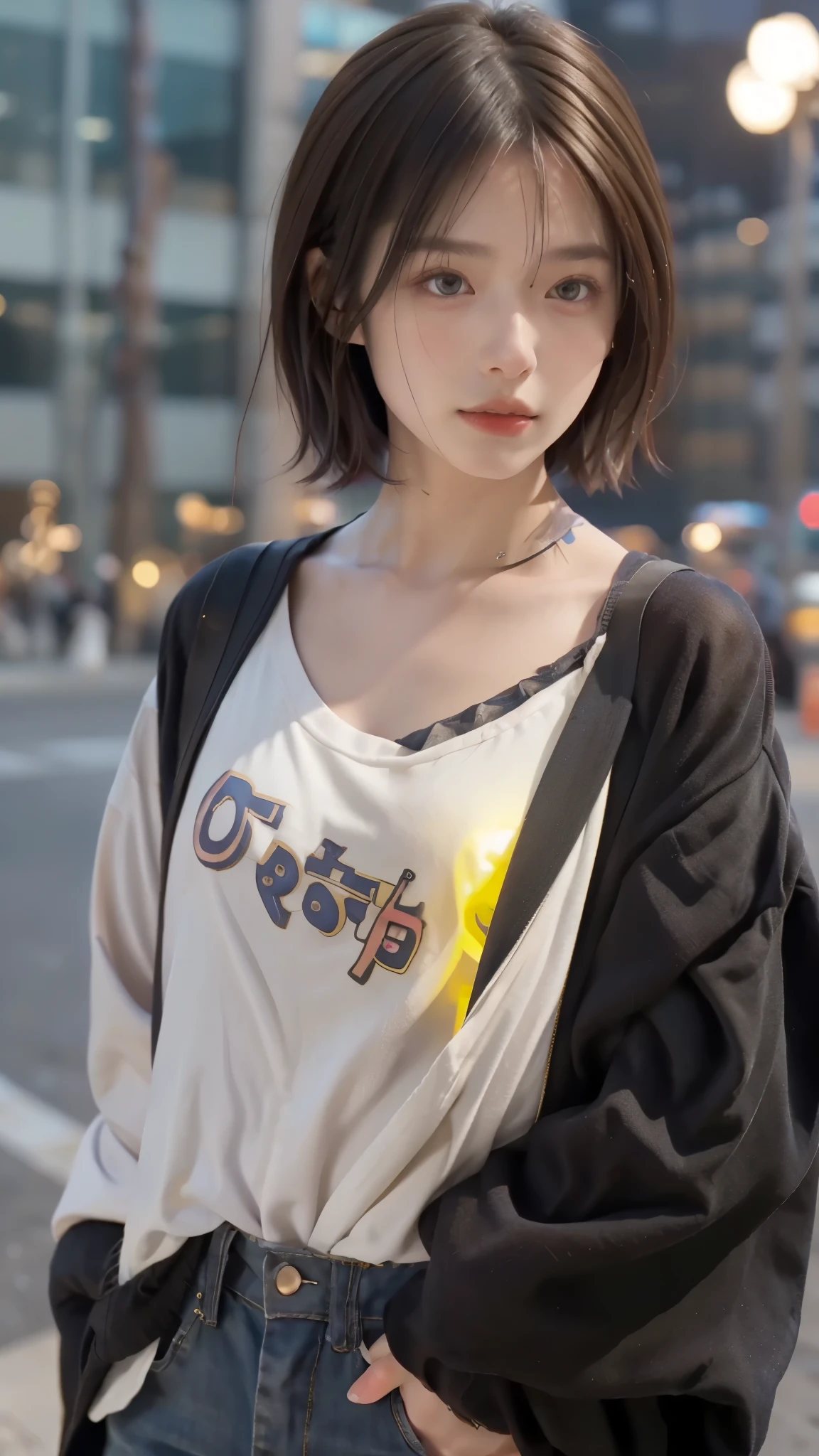 RAW shooting,最high quality, masterpiece, 超High resolution, (realistic:1.4), Raw photo, 1 girl,, short hair, (masterpiece, 最high quality, high quality, High resolution, Super detailed),brown hair, (Night lights:1.4), Cyberpunk attire、Layer Color、Clothes with 15 zippers、baggy clothes、White, pink, blue and yellow colored clothes、looking at the viewer