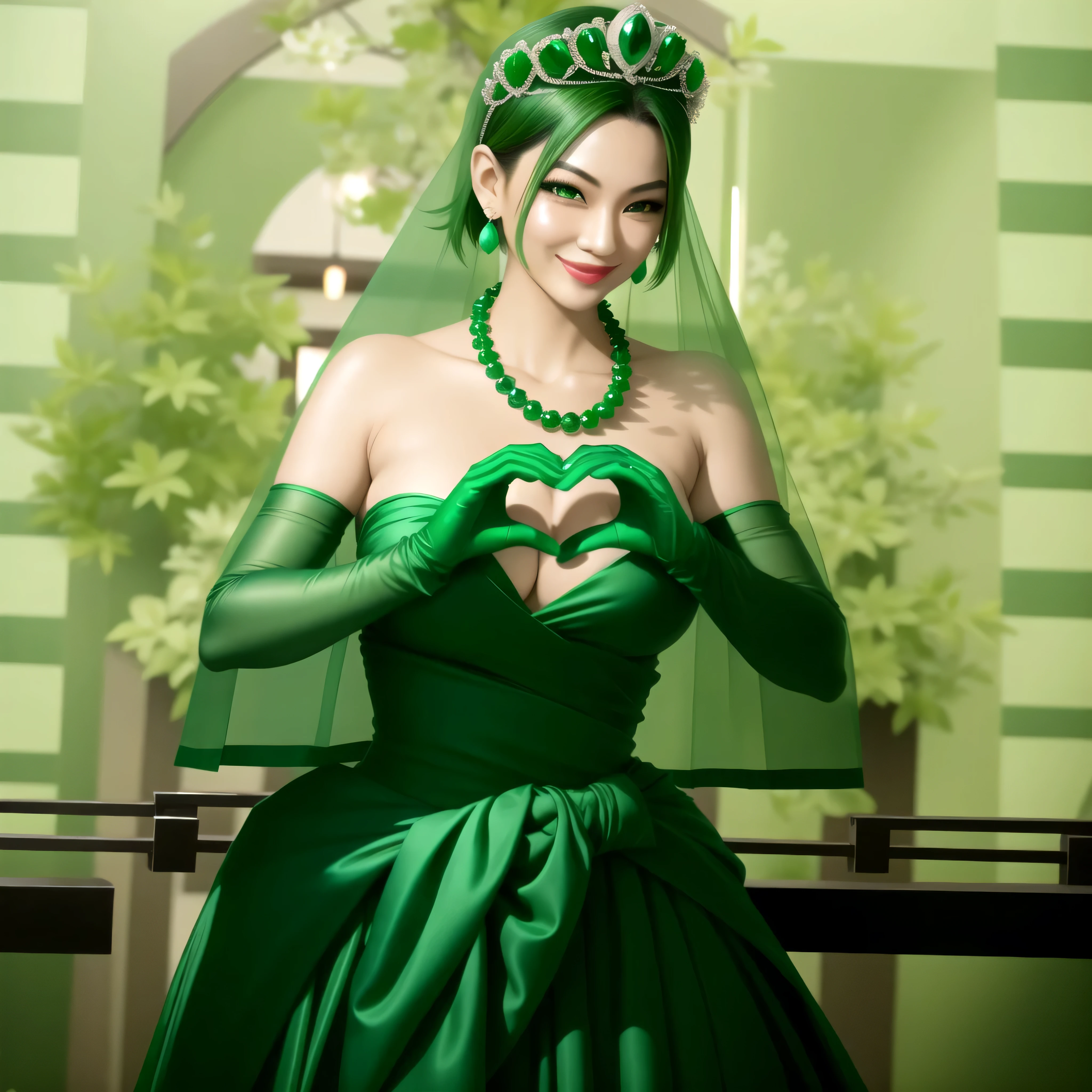 emerald tiara, green pearl necklace, boyish very short green hair, Green Lips, smiling Japanese woman, very short hair, Beautiful woman with big breasts, green eyes, Green satin gloves, green eyes, emerald earrings, green veil, Heart with both hands, green hair, beautiful japanese woman, heart shaped hands:1.3, green lip gloss