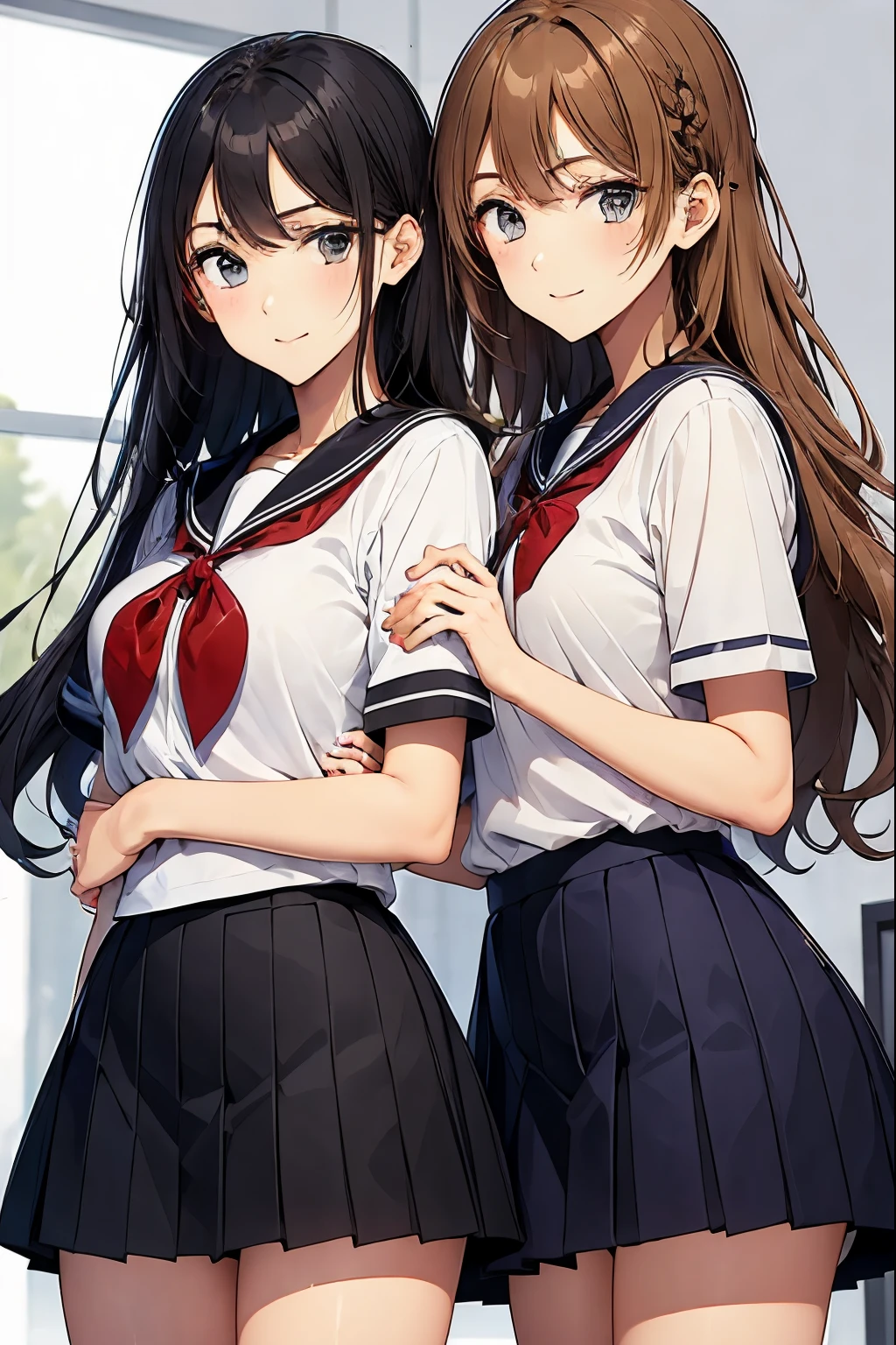 High school girls standing with their arms around each other in the classroom、seductive smile、