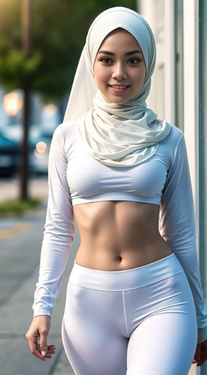 Malay girl in hijab wear  white shirt and low white waist leggings in gym, seating, front view, detail skin, detail skin texture, mole below eyes, big breast, natural tits, big hip, big waist, big thigh, slim abs, beautiful body, real cameltoe, real nipples, evening, laughing, happy, bright lighting, blur background, bokeh.hyper realistic picture. super realistic picture. 8k hd photo