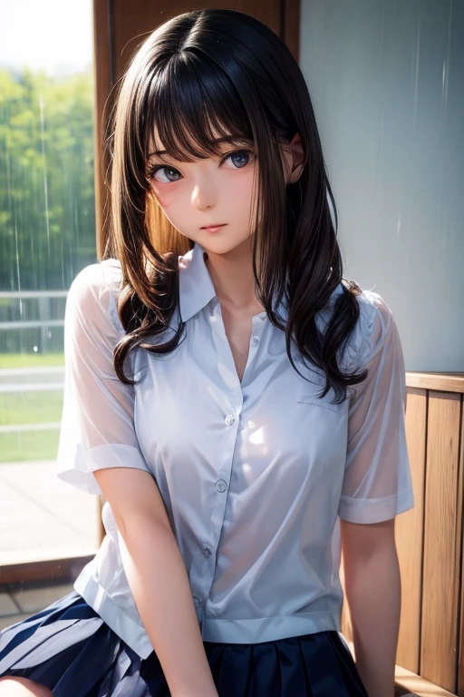 (masterpiece, best quality, high quality, highres, ultra-detailed, detailed background,),hi-school girl、long hair、shortsleeves、rainy days、Clothes are see-through in the rain、Physical education sitting、Troubled face、beautiful